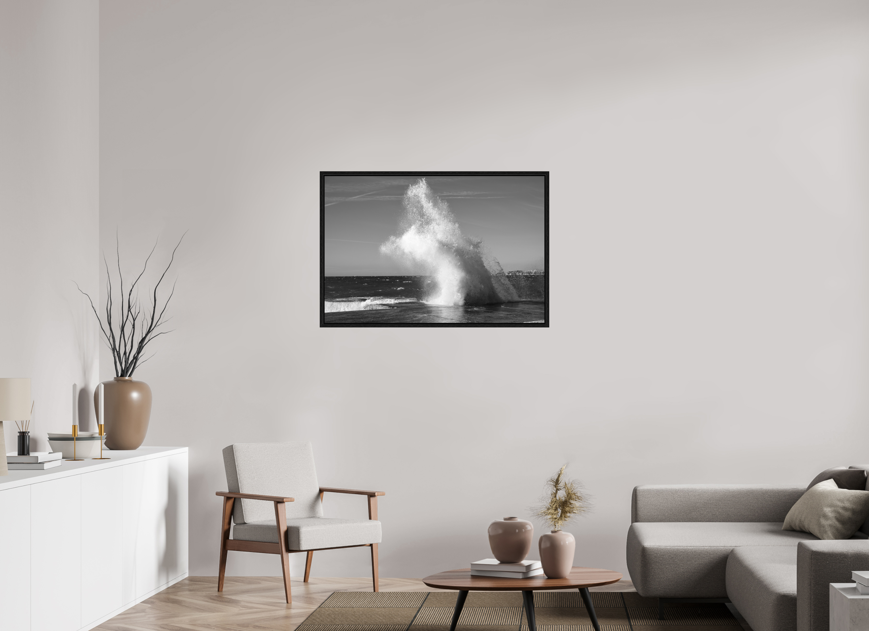 105 x 70 cm, Tirage N&B dans Caisse américaine noire Poster noir et blanc – Éclat de vague