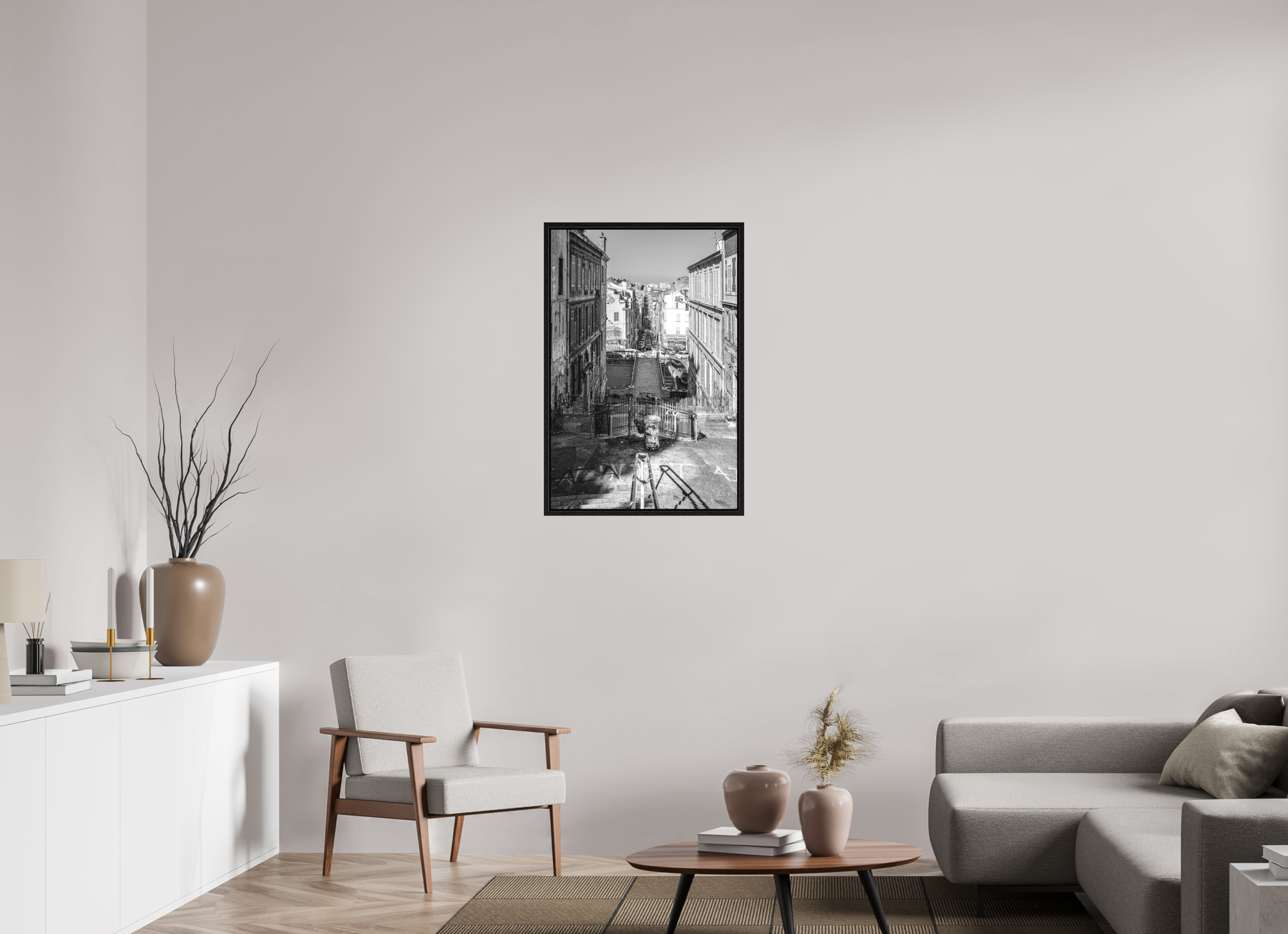 60 x 90 cm, Tirage N&B dans Caisse américaine noire Affiche urbaine – Perspective Marseillaise
