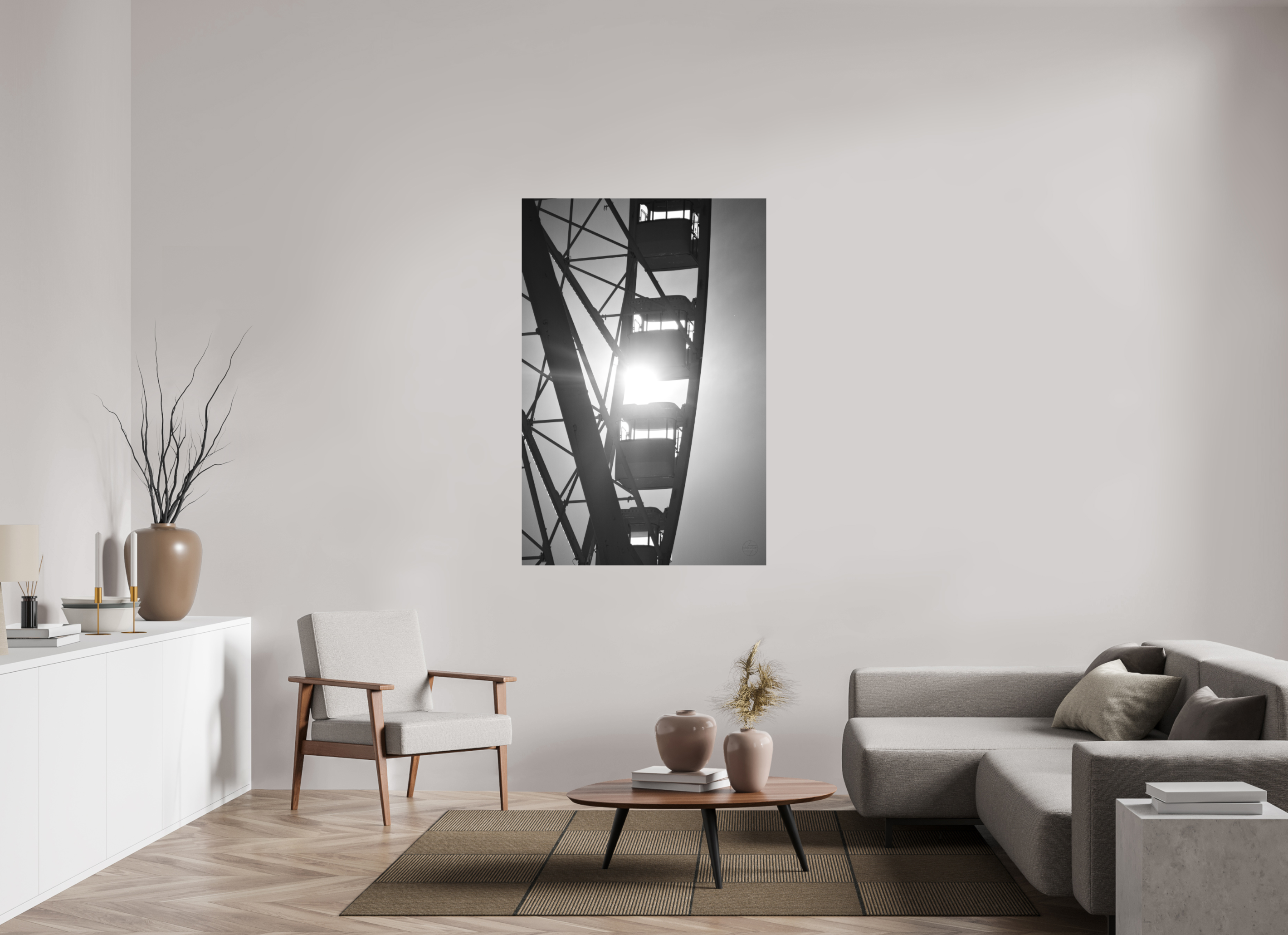 100 x 150 cm, Tirage N&B mat seul Affiche noir et blanc – Roue suspendue dans la lumière