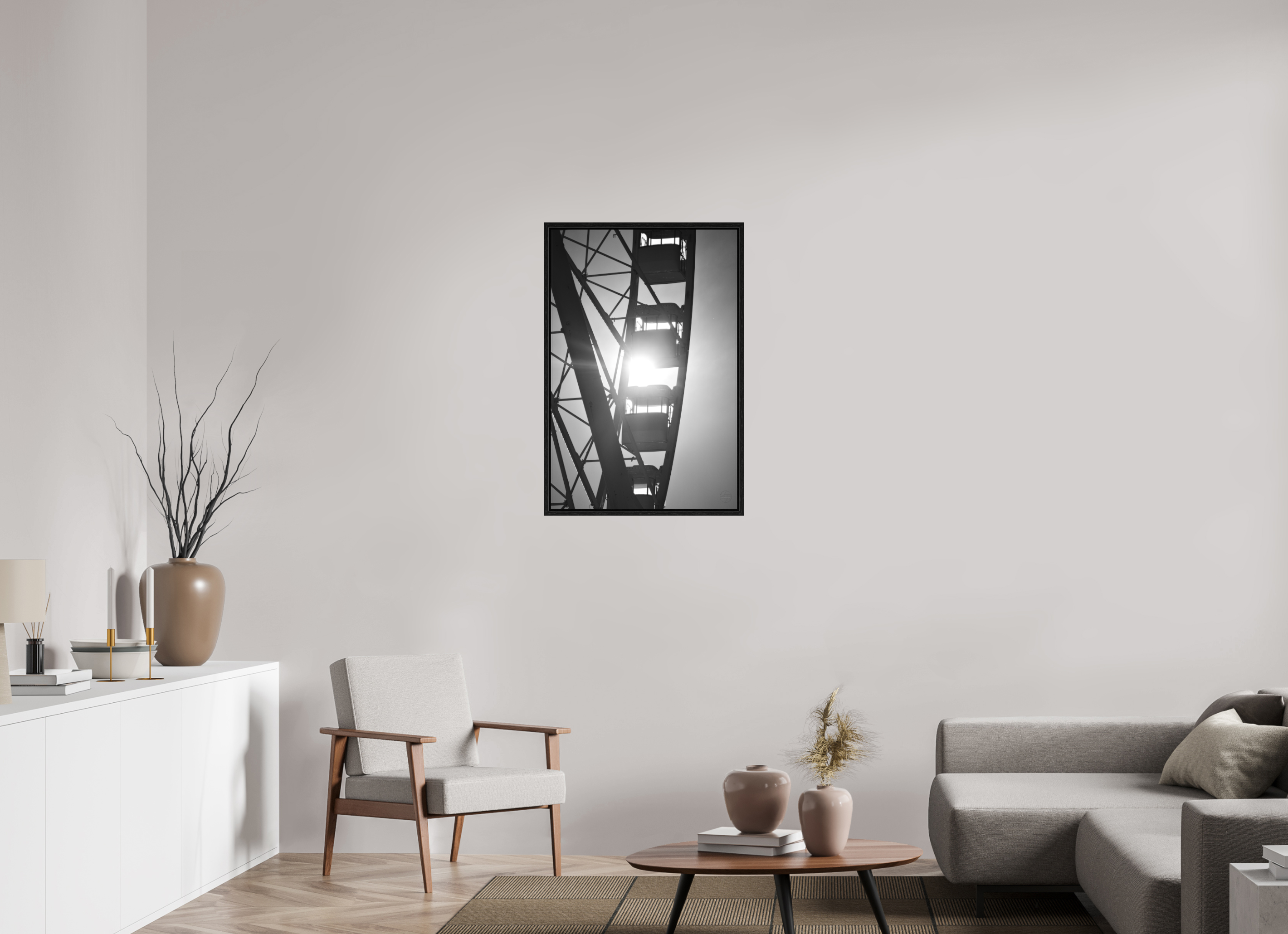 60 x 90 cm, Tirage N&B dans Caisse américaine noire Affiche noir et blanc – Roue suspendue dans la lumière