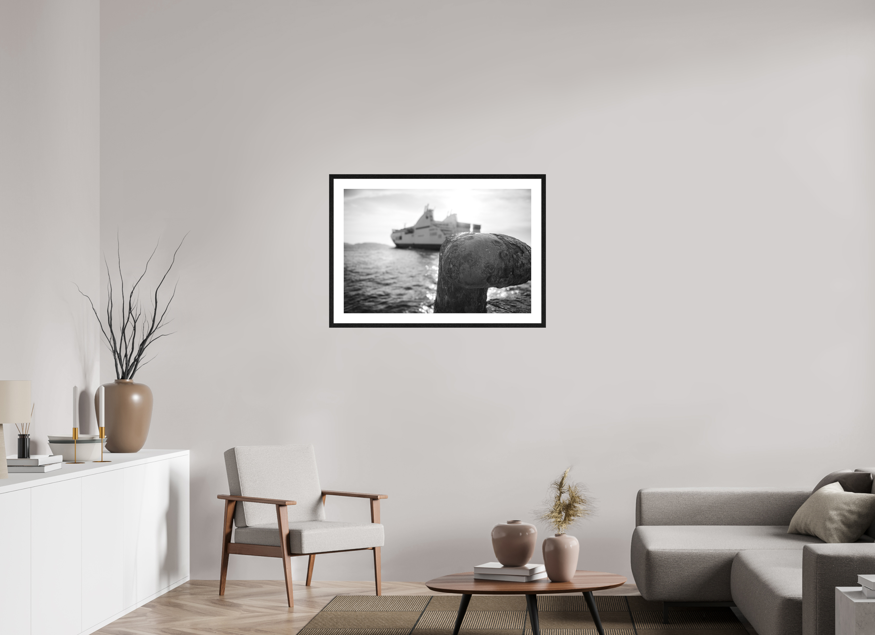 90 x 60 cm, Tirage N&B mat+ cadre noir avec passe-partout Affiche photo – Larguer les amarres