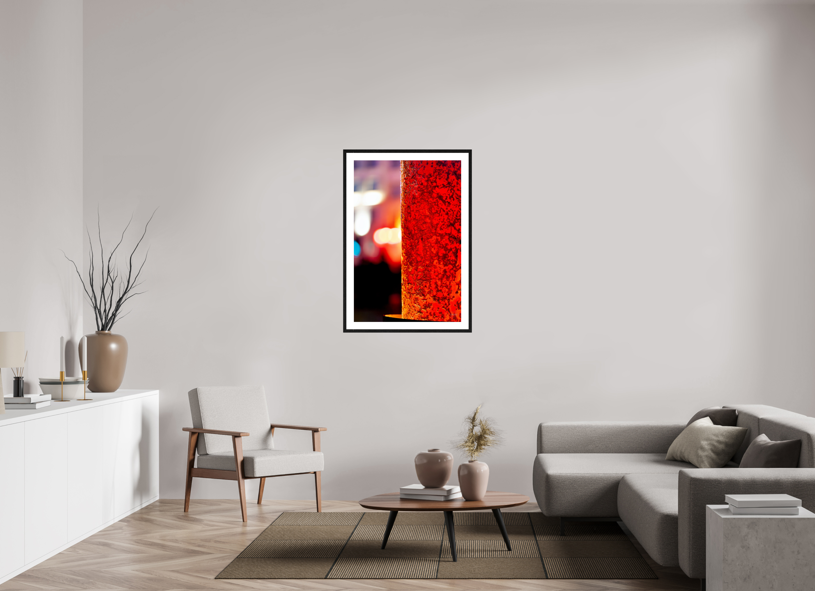 70 x 105 cm, Tirage couleur brillant + cadre noir avec passe-partout Photo décorative – Le fer et le feu