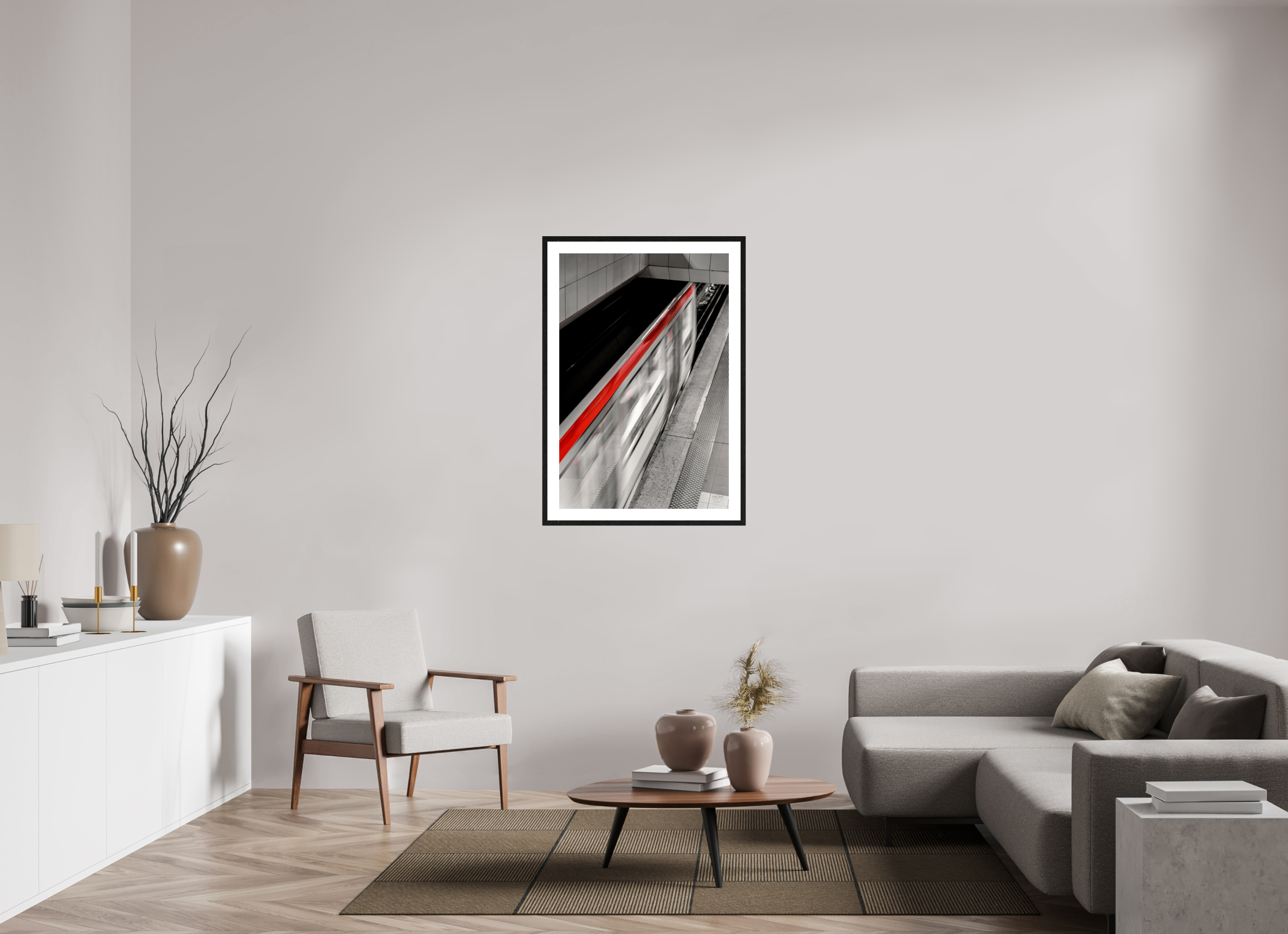 70 x 105 cm, Tirage couleur brillant + Cadre noir avec passe-partout Ligne Rouge — Affiche Métro Contemporaine