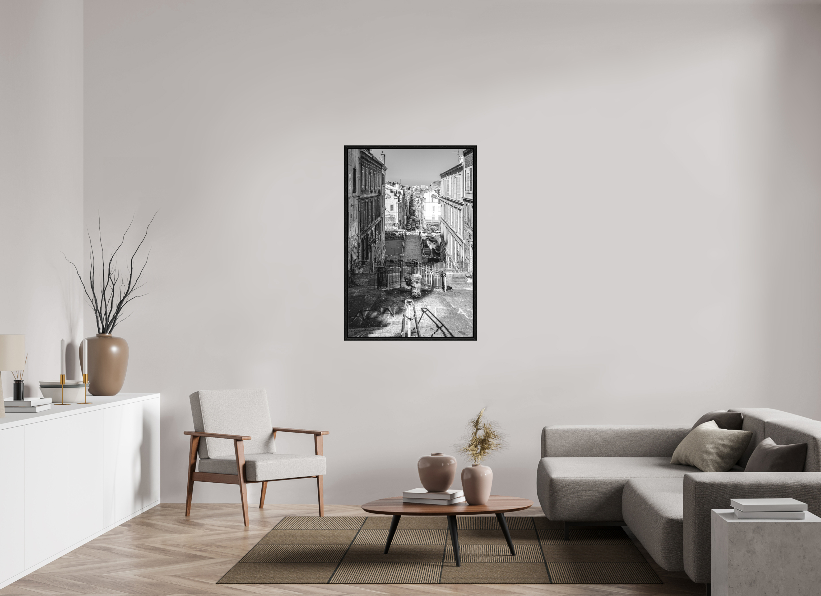 80 x 120 cm, Tirage N&B dans Caisse américaine noire Affiche urbaine – Perspective Marseillaise