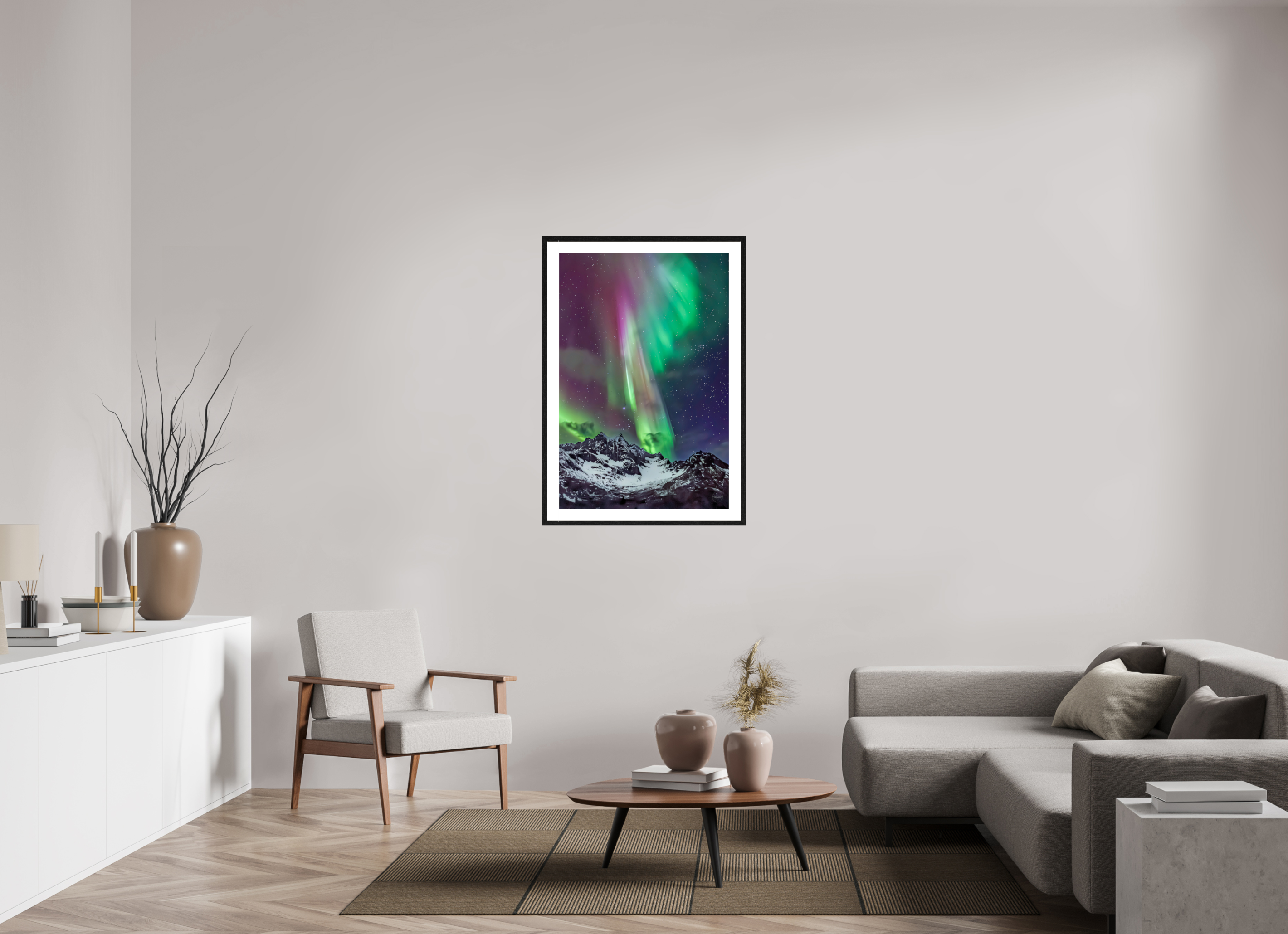 70 x 105 cm, Tirage couleur brillant + Cadre noir avec passe-partout Danse Boréale