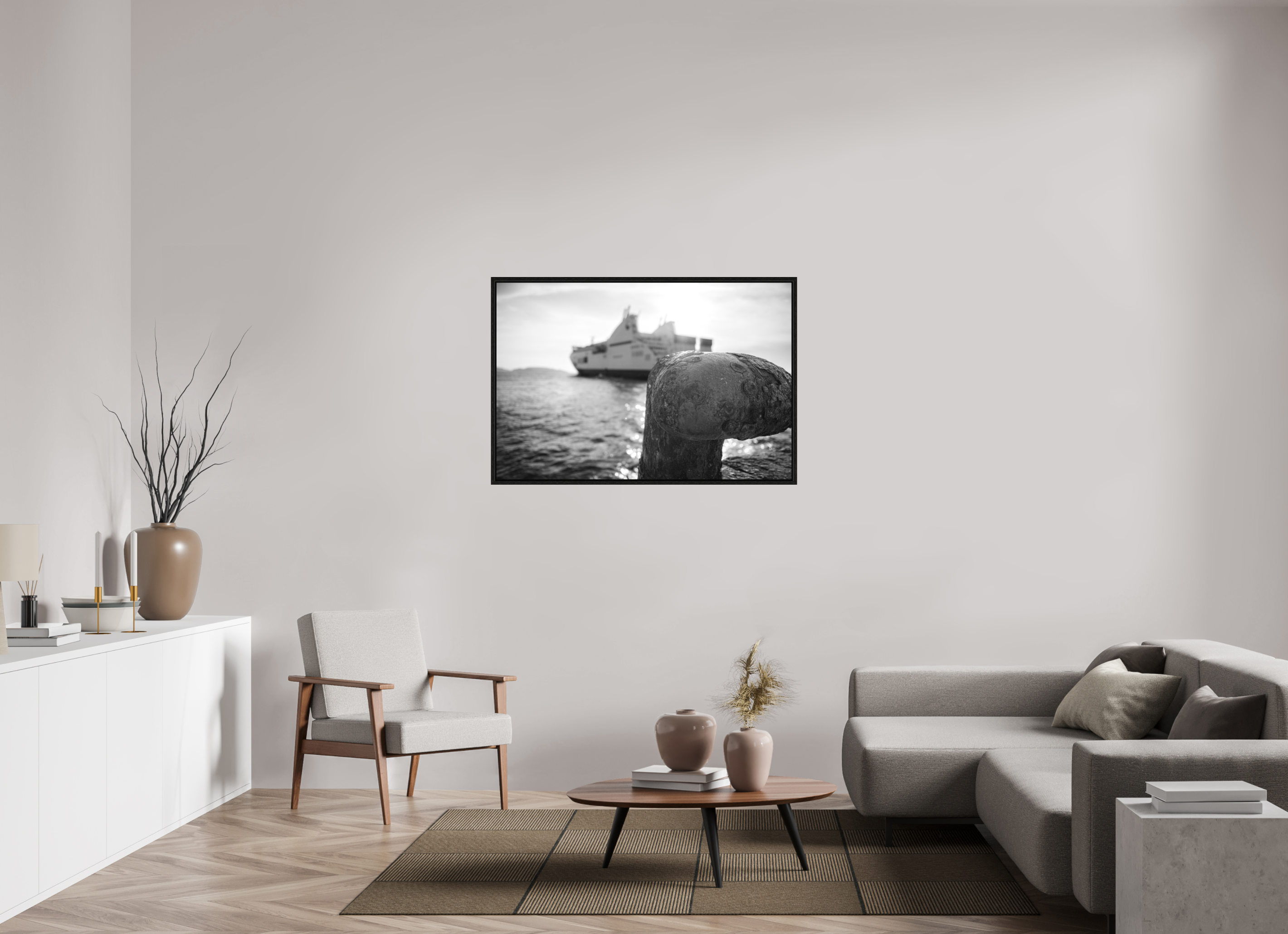 120 x 80 cm, Tirage N & B dans Caisse américaine noire Affiche photo – Larguer les amarres