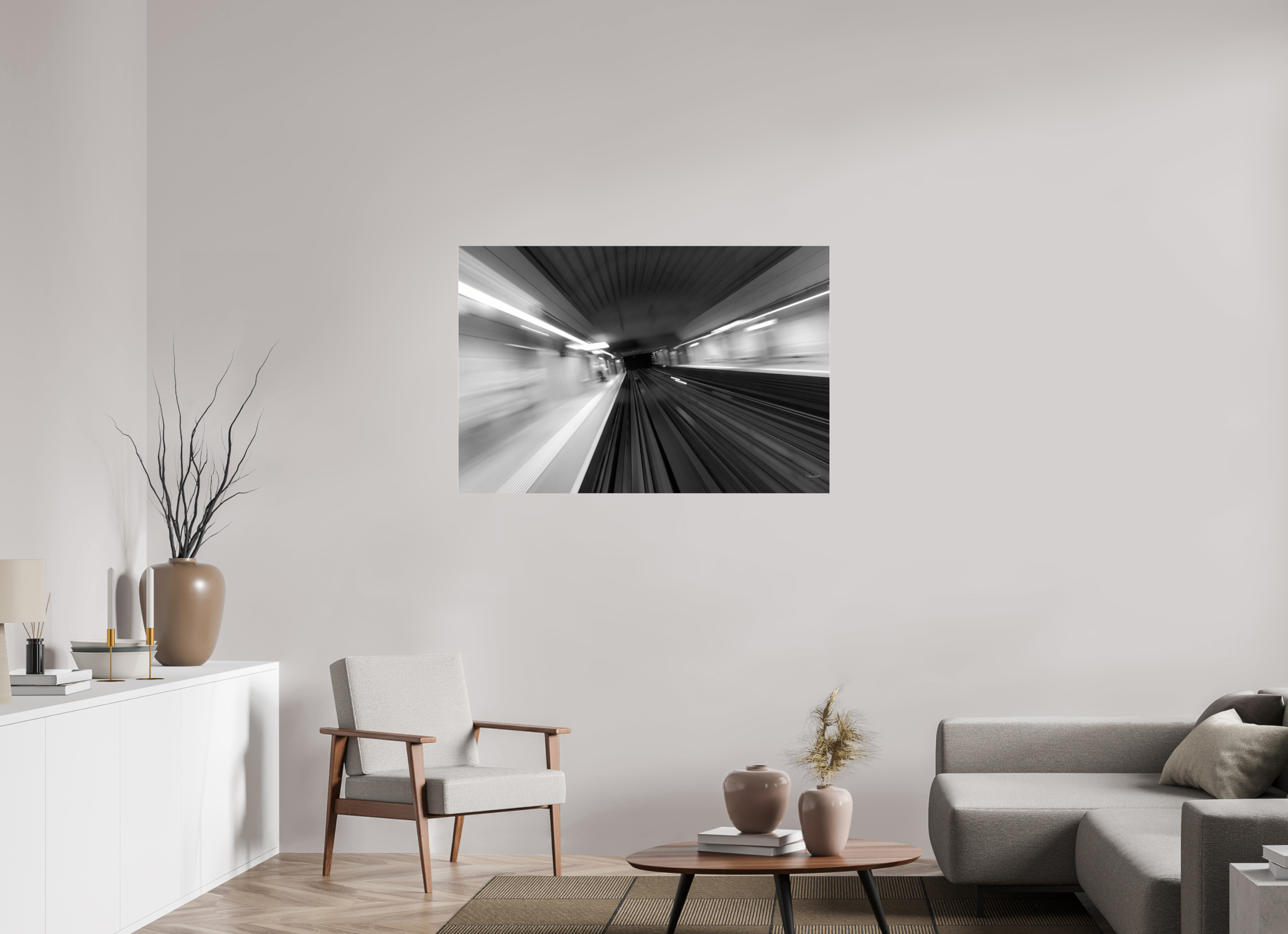 120 x 80 cm, Tirage N&B sous Plexi Vitesse Souterraine Poster Urbain Abstrait