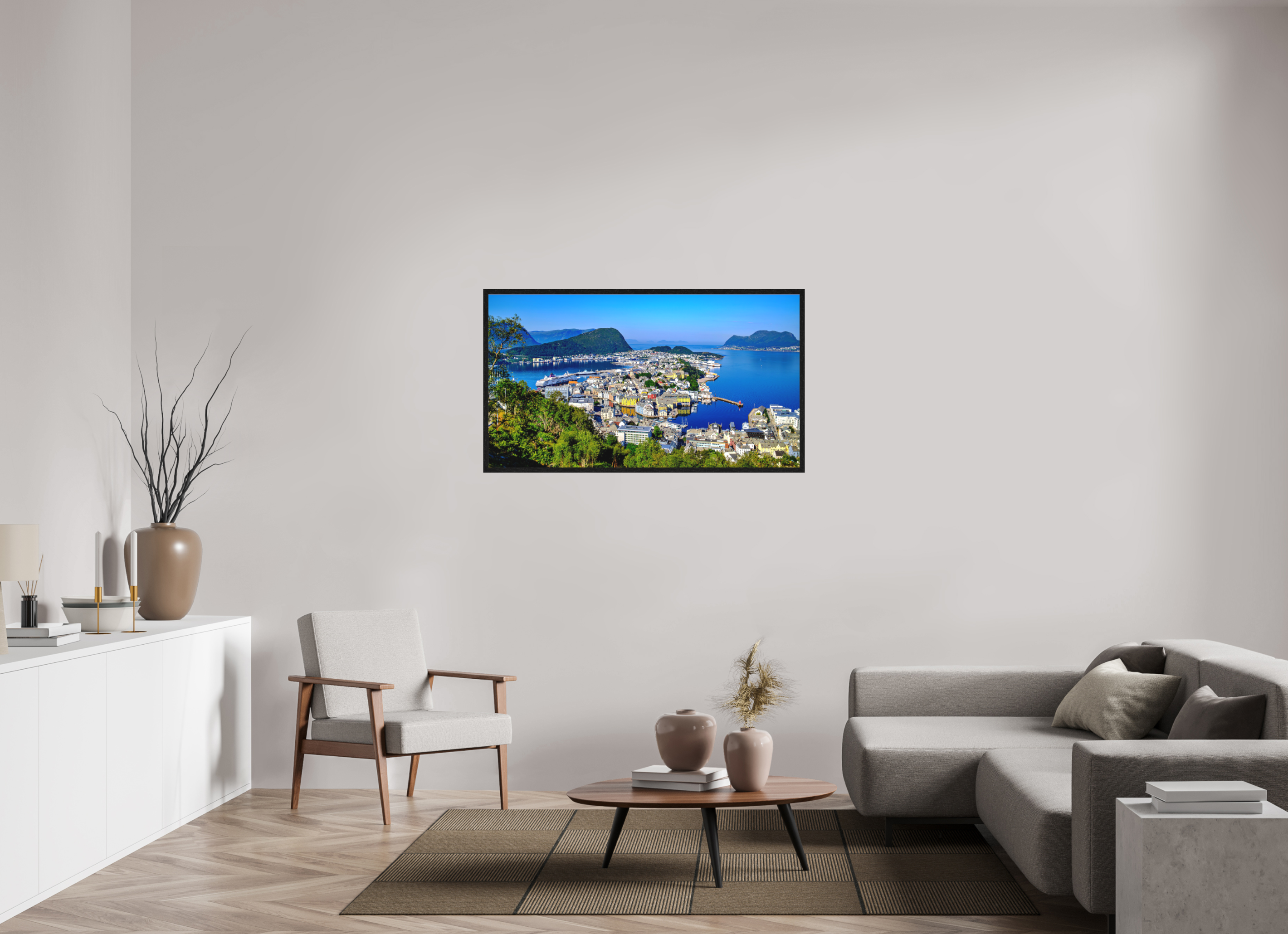 128 x 72 cm, Tirage grand format encadré Entre Fjords et Lumière | Poster Panoramique Paysage Nordique