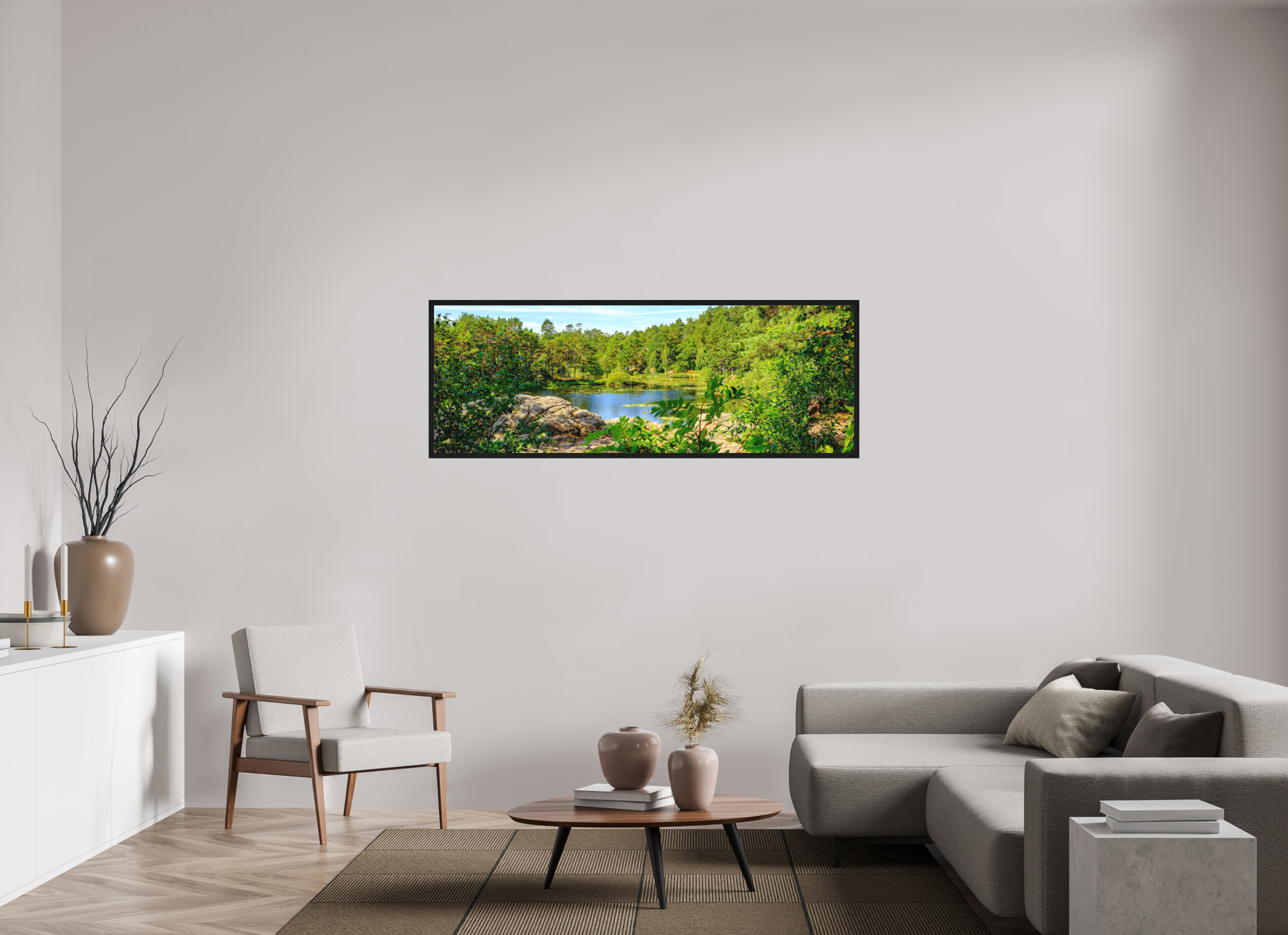 168 x 60 cm, Tirage grand format encadré Refuge Émeraude | Poster Panoramique Nature & Forêt