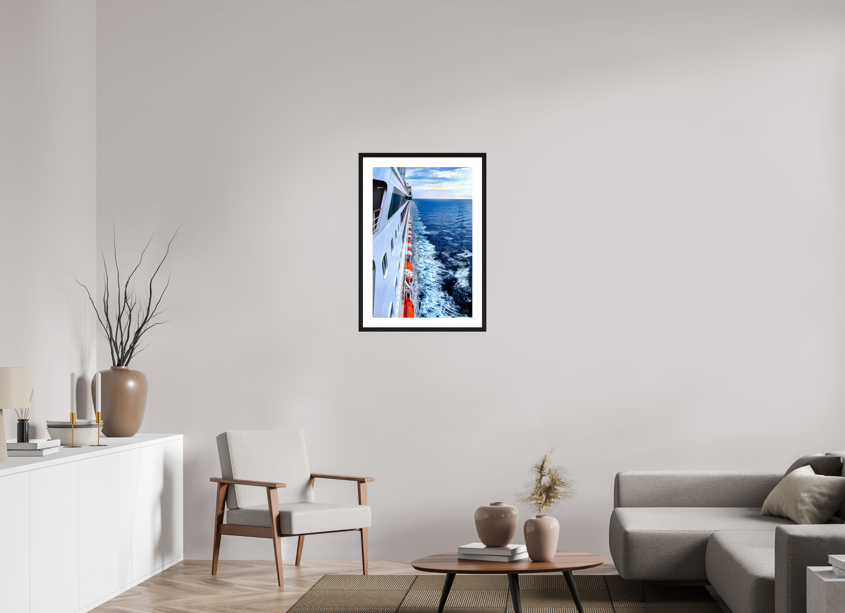50 x 75 cm, Tirage couleur brillant + Cadre noir avec passe-partout Sillage Infini | Poster Océan & Voyage Contemporain
