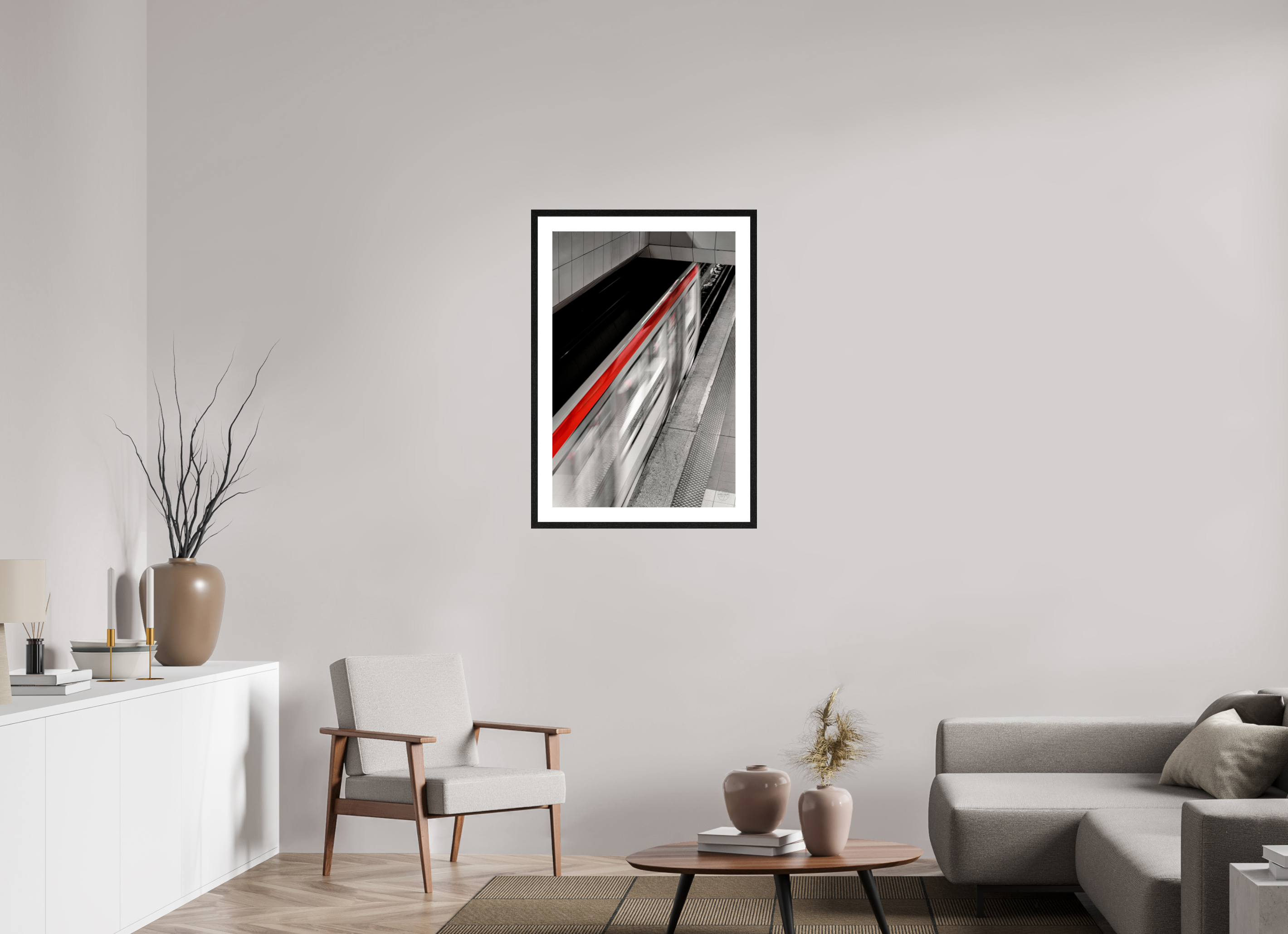 60 x 90 cm, Tirage couleur brillant + Cadre noir avec passe-partout Ligne Rouge — Affiche Métro Contemporaine