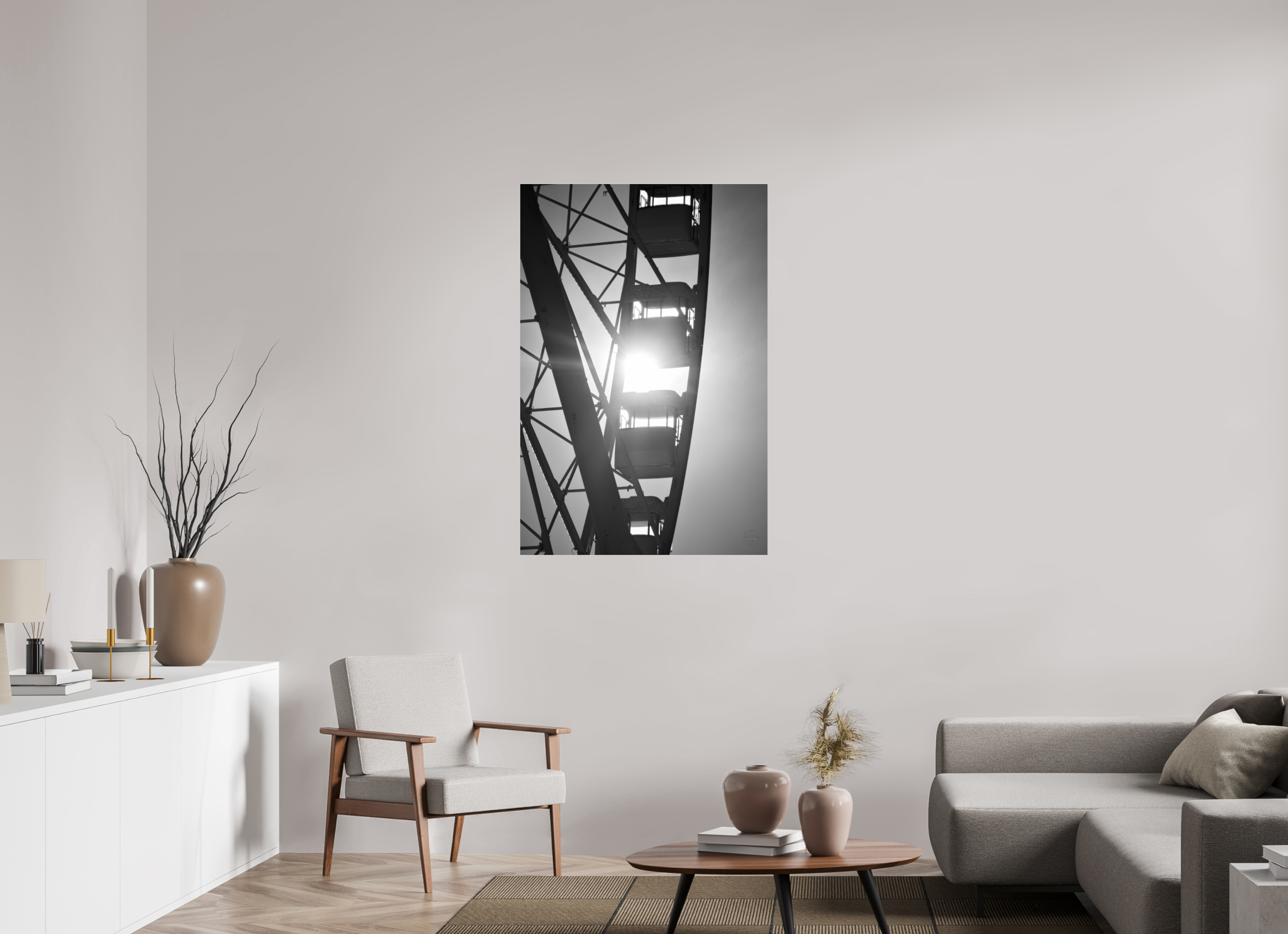 80 x 120 cm, Tirage N&B sous Plexi Affiche noir et blanc – Roue suspendue dans la lumière