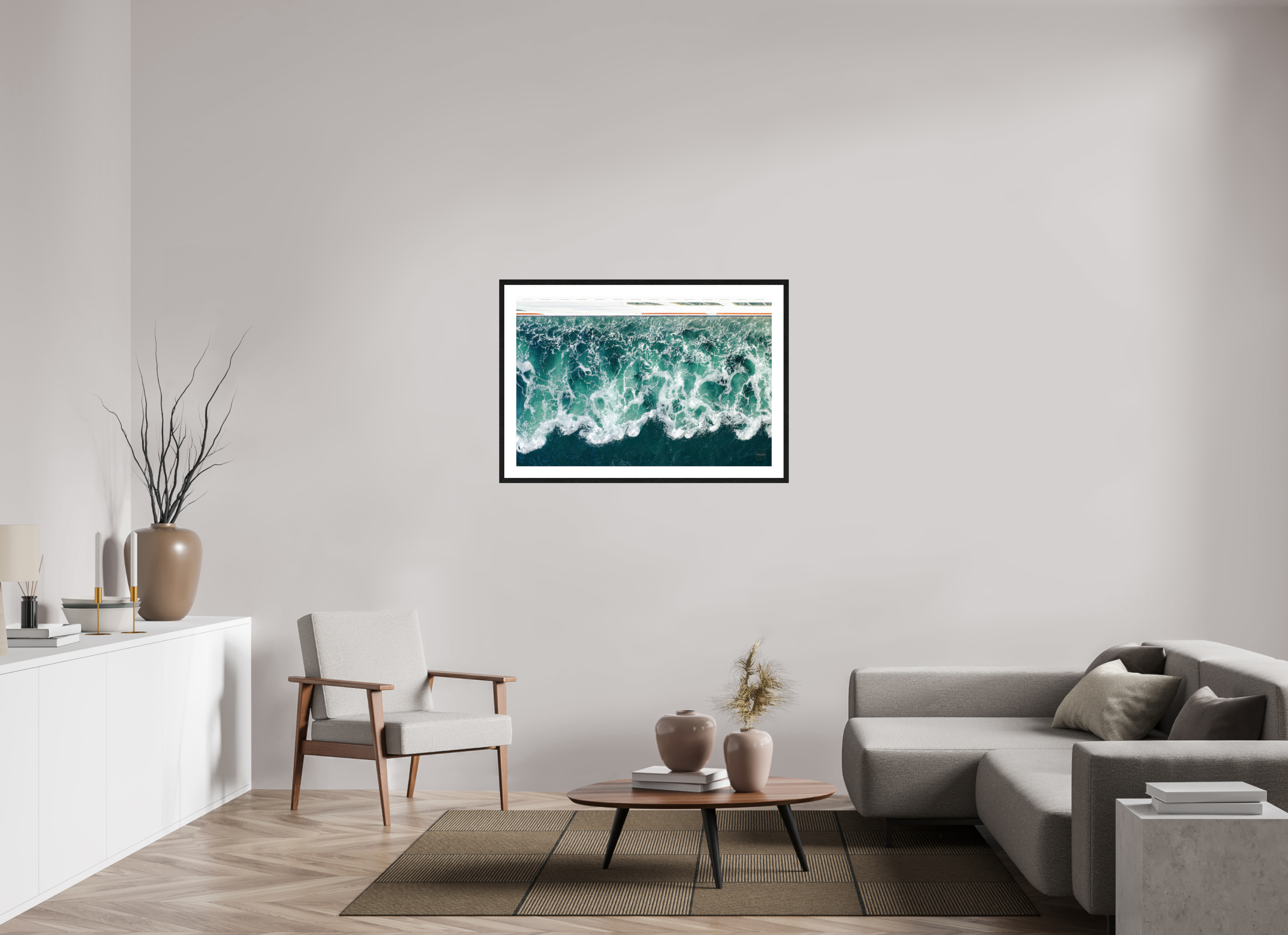 105 x 70 cm, Tirage couleur brillant + Cadre noir avec passe-partout Écume Émeraude | Poster Abstrait Océan & Art Marin
