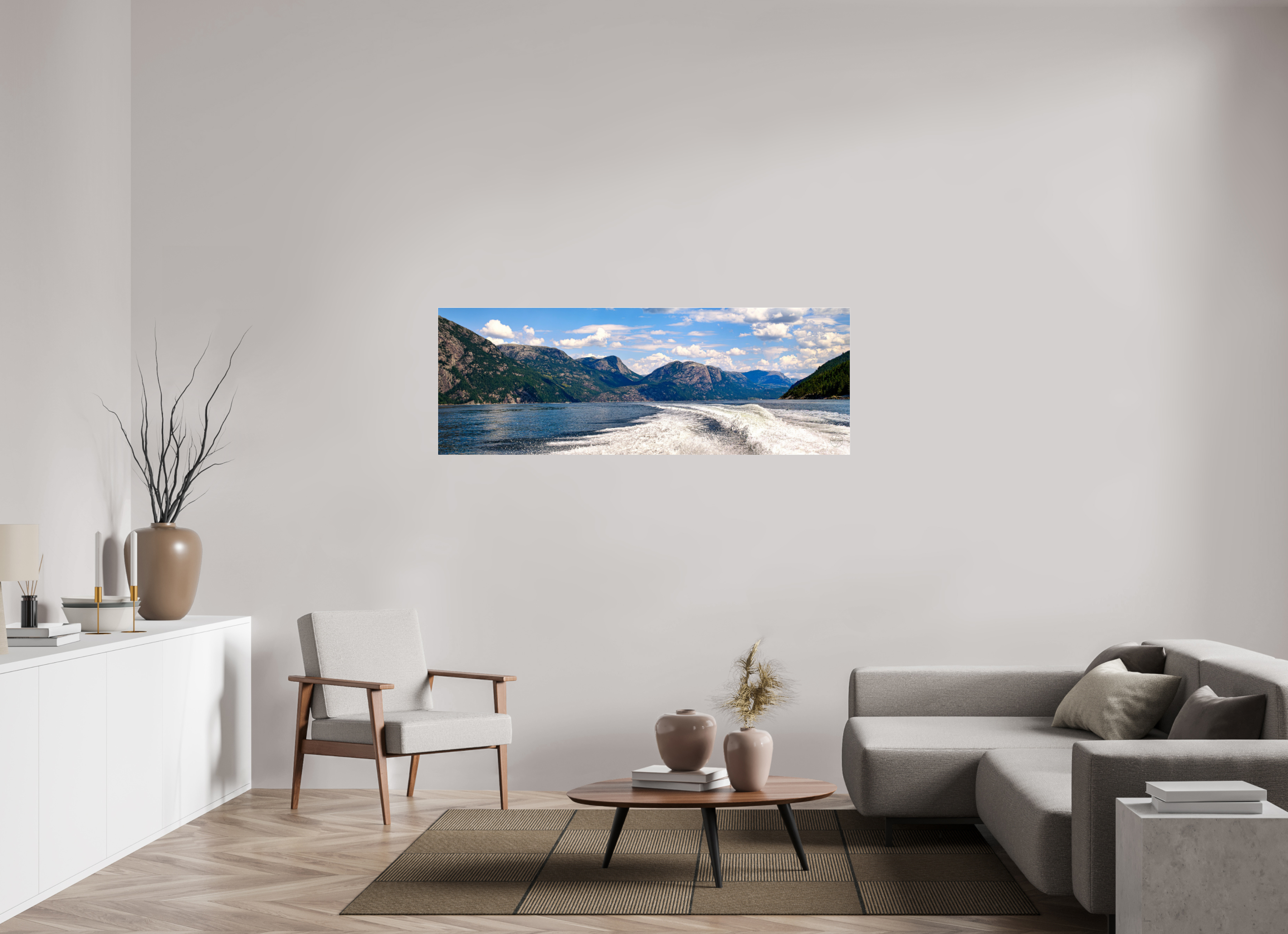 168 x 60 cm, Tirage couleur sous Plexi Sillage des Fjords | Poster Panoramique Nature & Voyage