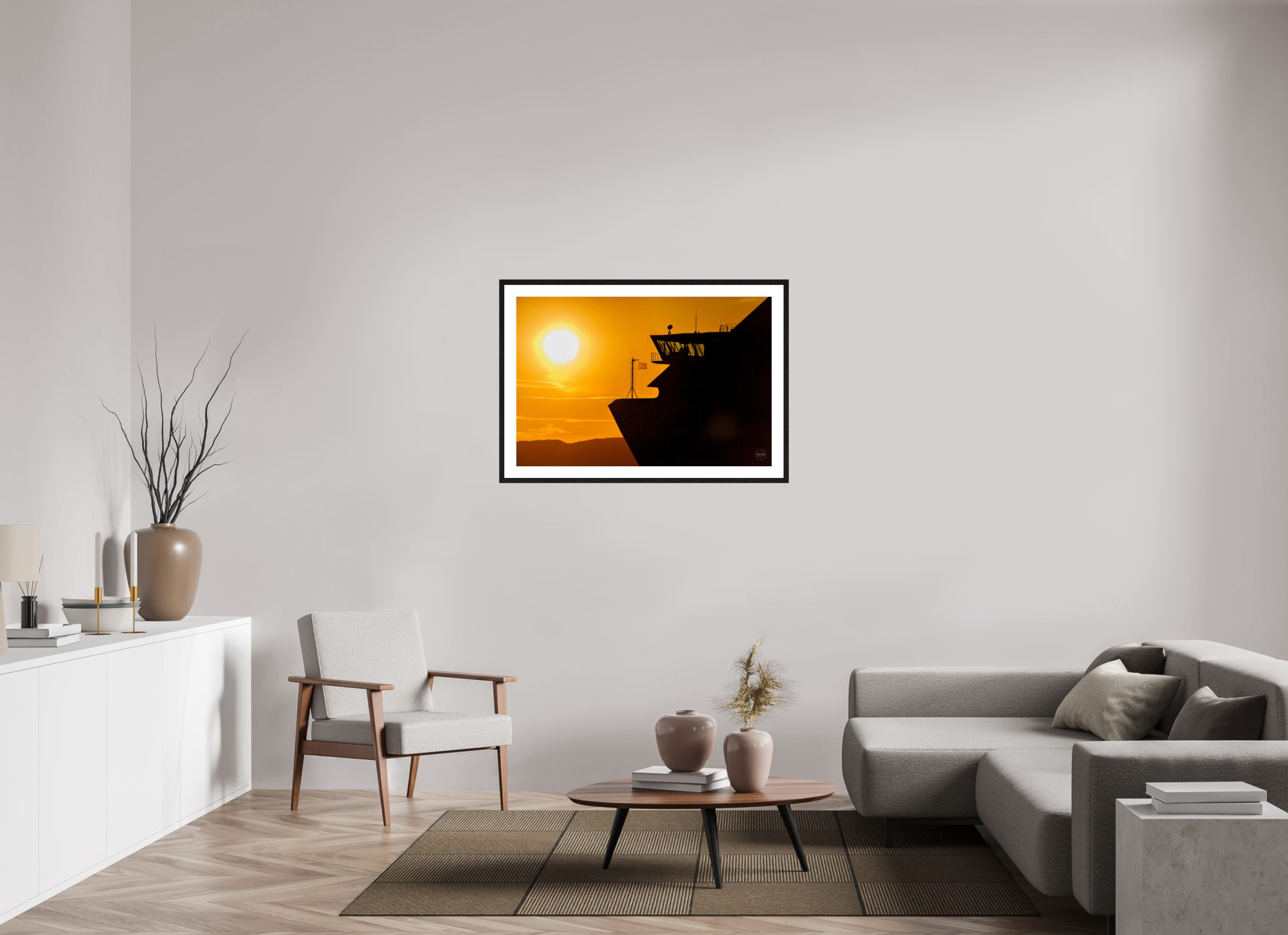 105 x 70 cm, Tirage couleur brillant + Cadre noir avec passe-partout Poster silhouette de ferry au coucher du soleil – Lumière dorée sur la mer