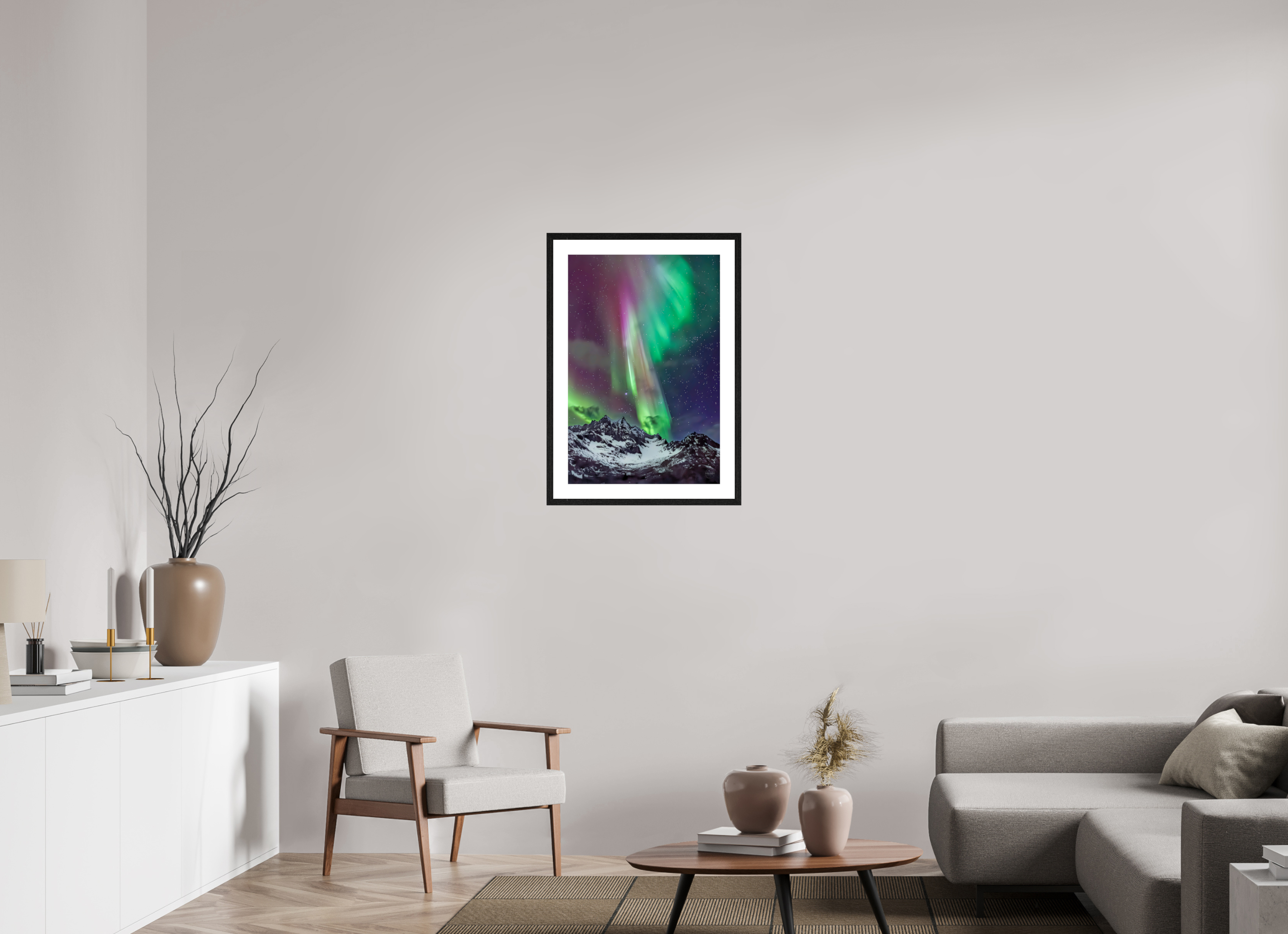50 x 75 cm, Tirage couleur brillant + Cadre noir avec passe-partout Danse Boréale