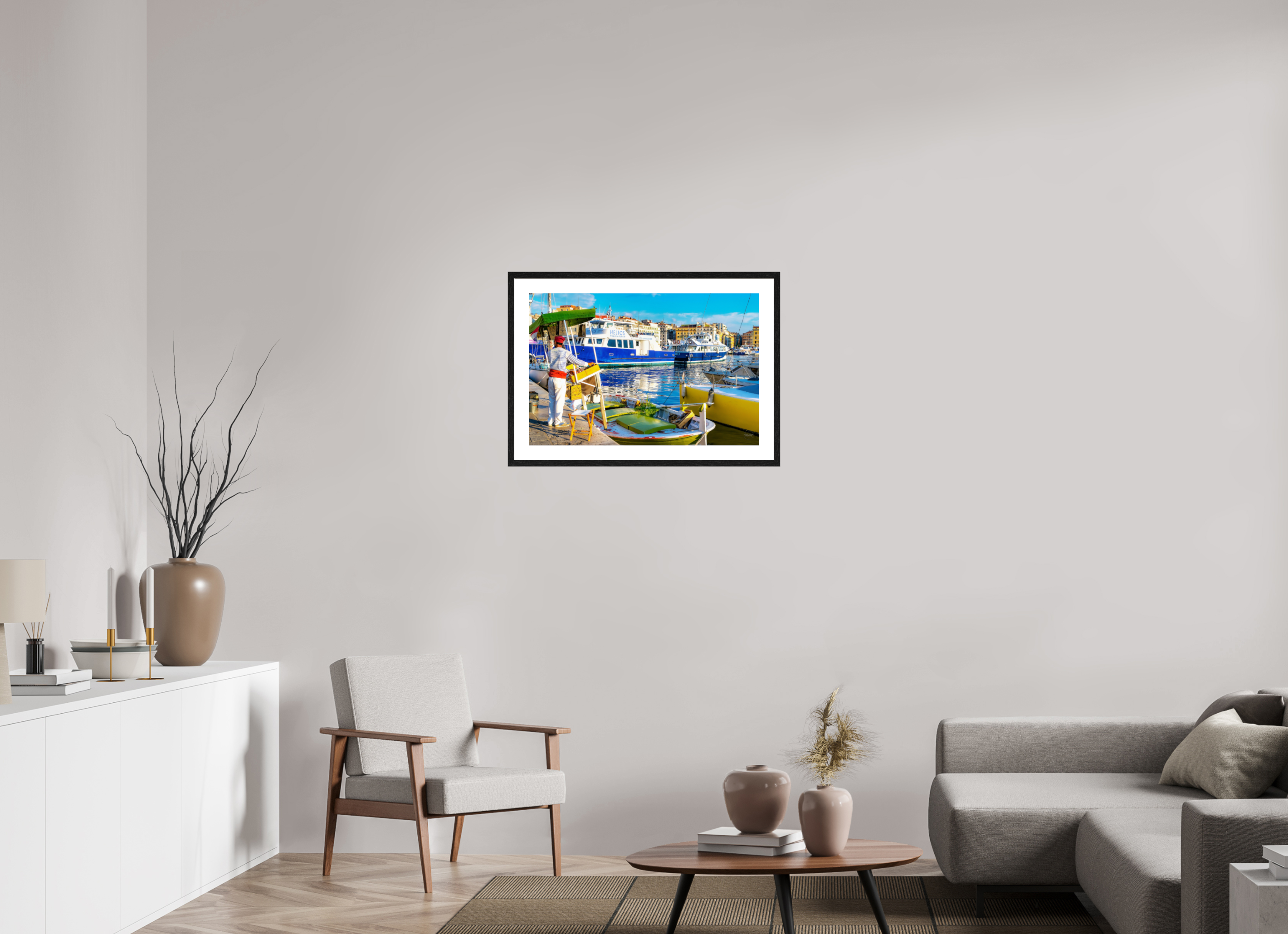 75 x 50 cm, Tirage couleur brillant + Cadre noir avec passe-partout Le Marchand du Vieux-Port