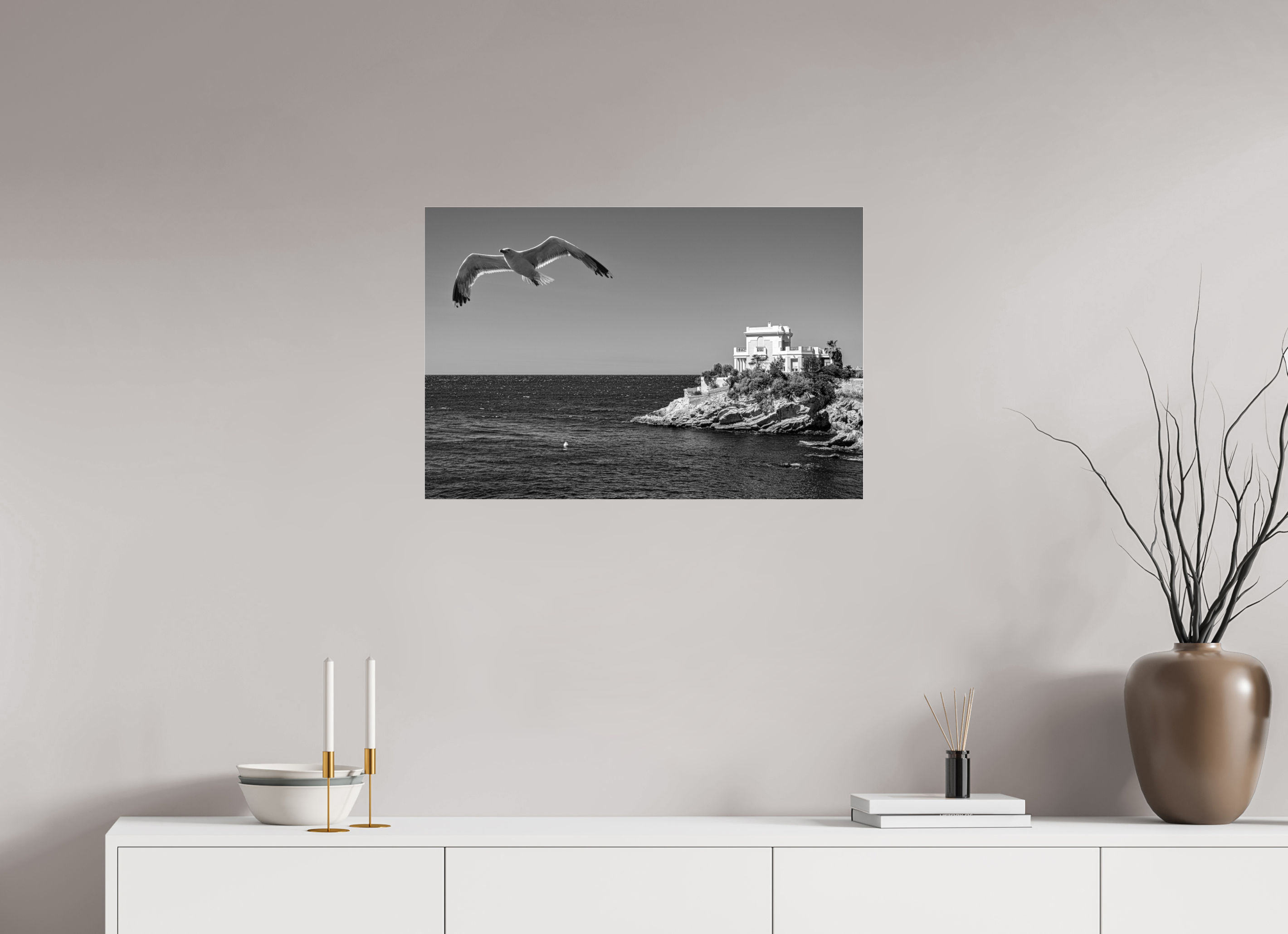 75 x 50 cm, Photo Print Under Acrylic Glass La maison, l'oiseau et la mer