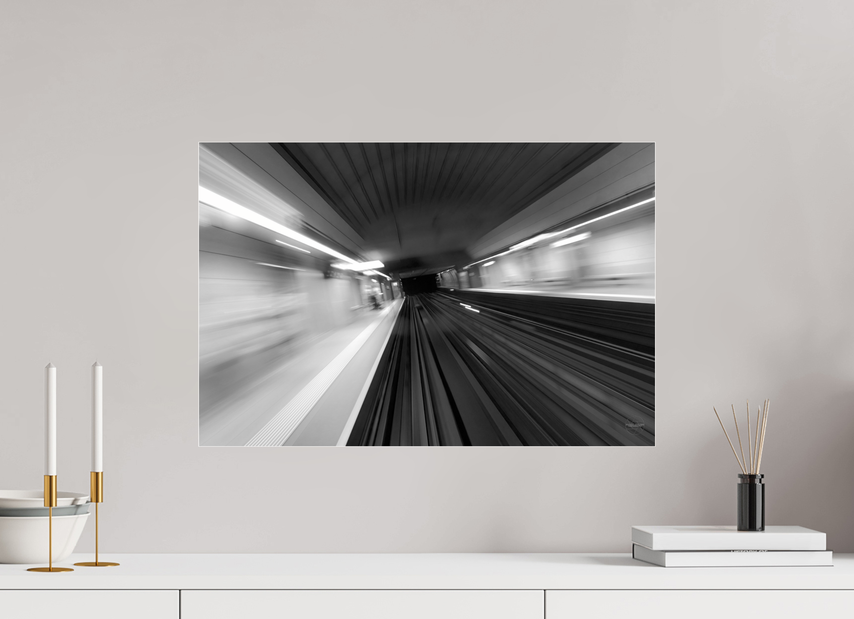 60 x 40 cm, Tirage N&B sous Plexi Vitesse Souterraine Poster Urbain Abstrait