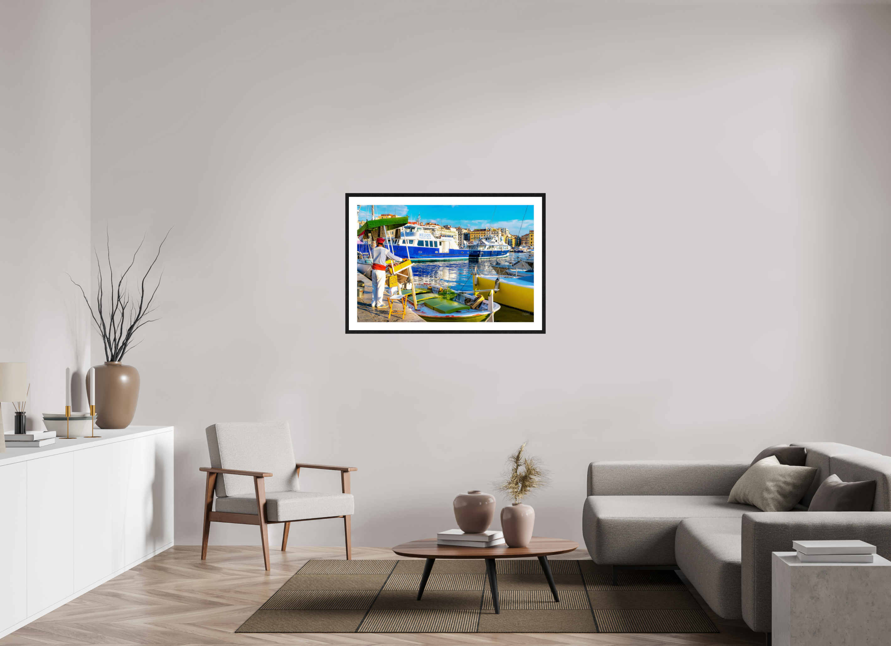 105 x 70 cm, Tirage couleur brillant + Cadre noir avec passe-partout Le Marchand du Vieux-Port