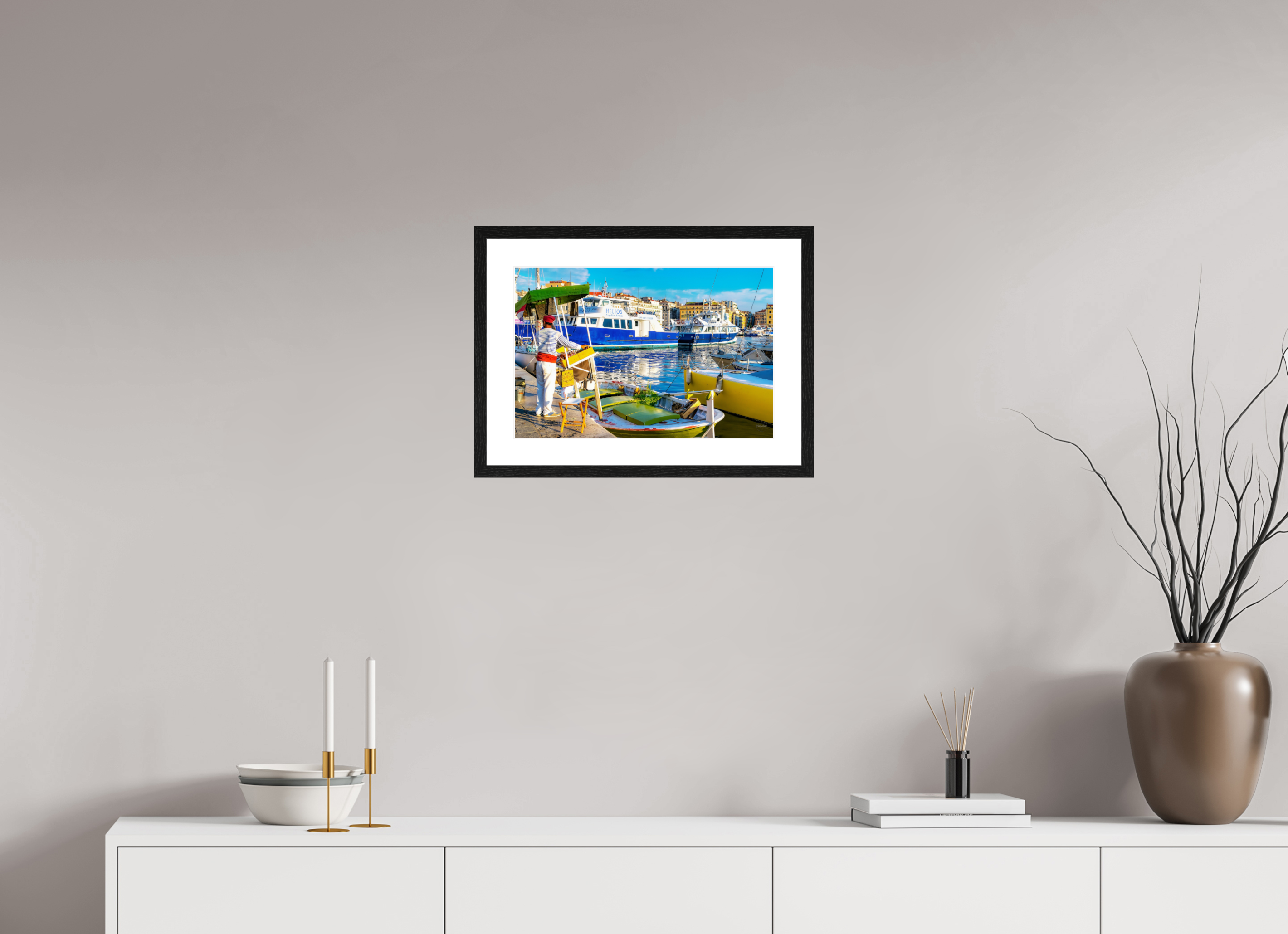 45 x 30 cm, Tirage couleur brillant + Cadre noir avec passe-partout Le Marchand du Vieux-Port