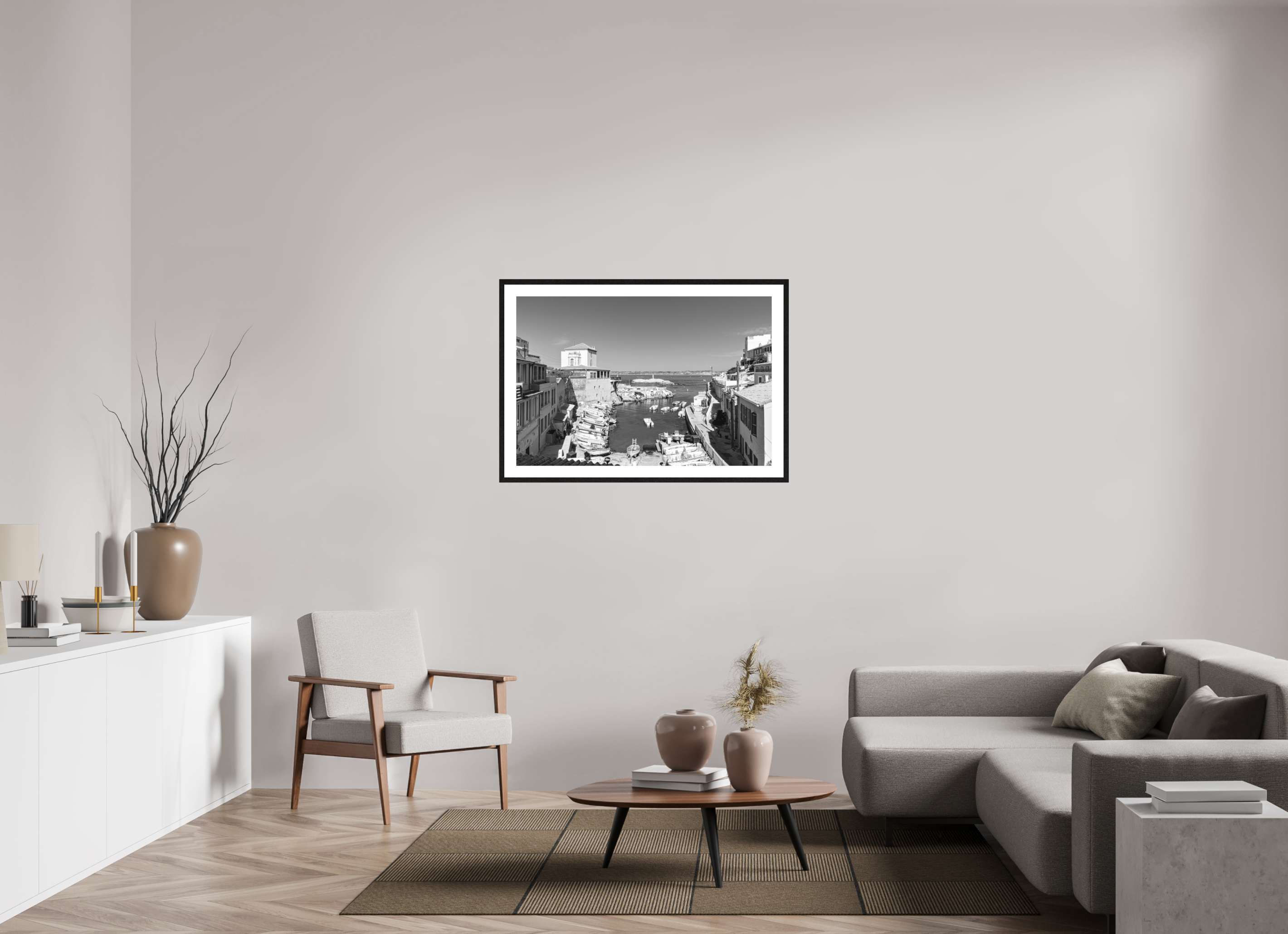 105 x 70 cm, Tirage N&B mat + Cadre noir avec passe-partout Affiche artistique – Silence sur Malmousque