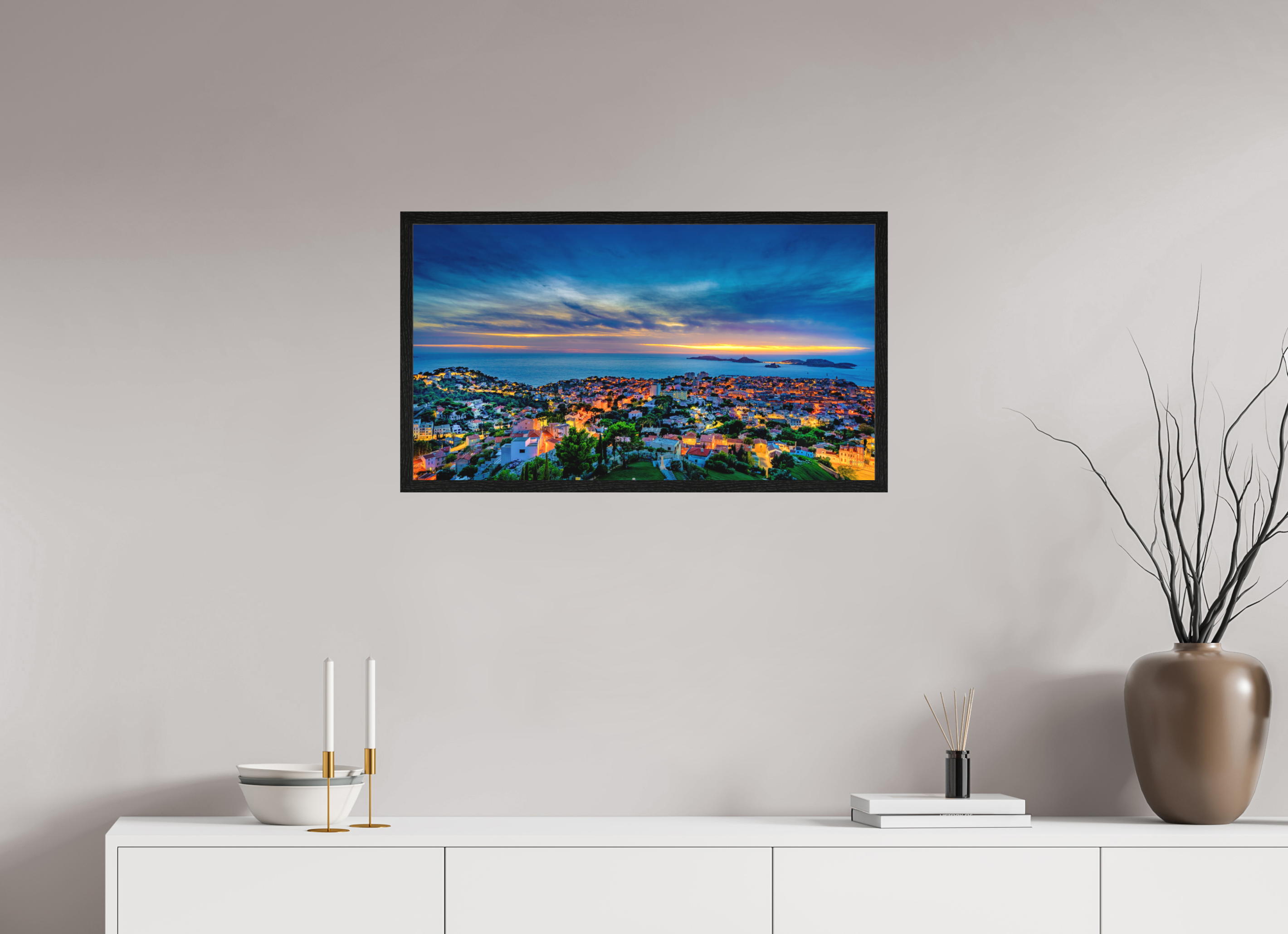80 x 45 cm, Tirage grand format encadré Marseille au Crépuscule