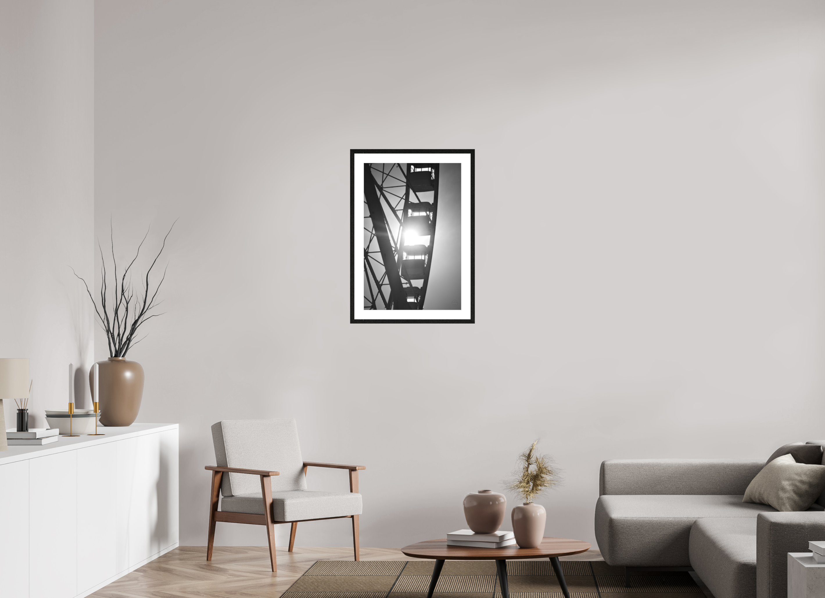 50 x 75 cm, Tirage N&B mat + Cadre noir avec passe-partout Affiche noir et blanc – Roue suspendue dans la lumière