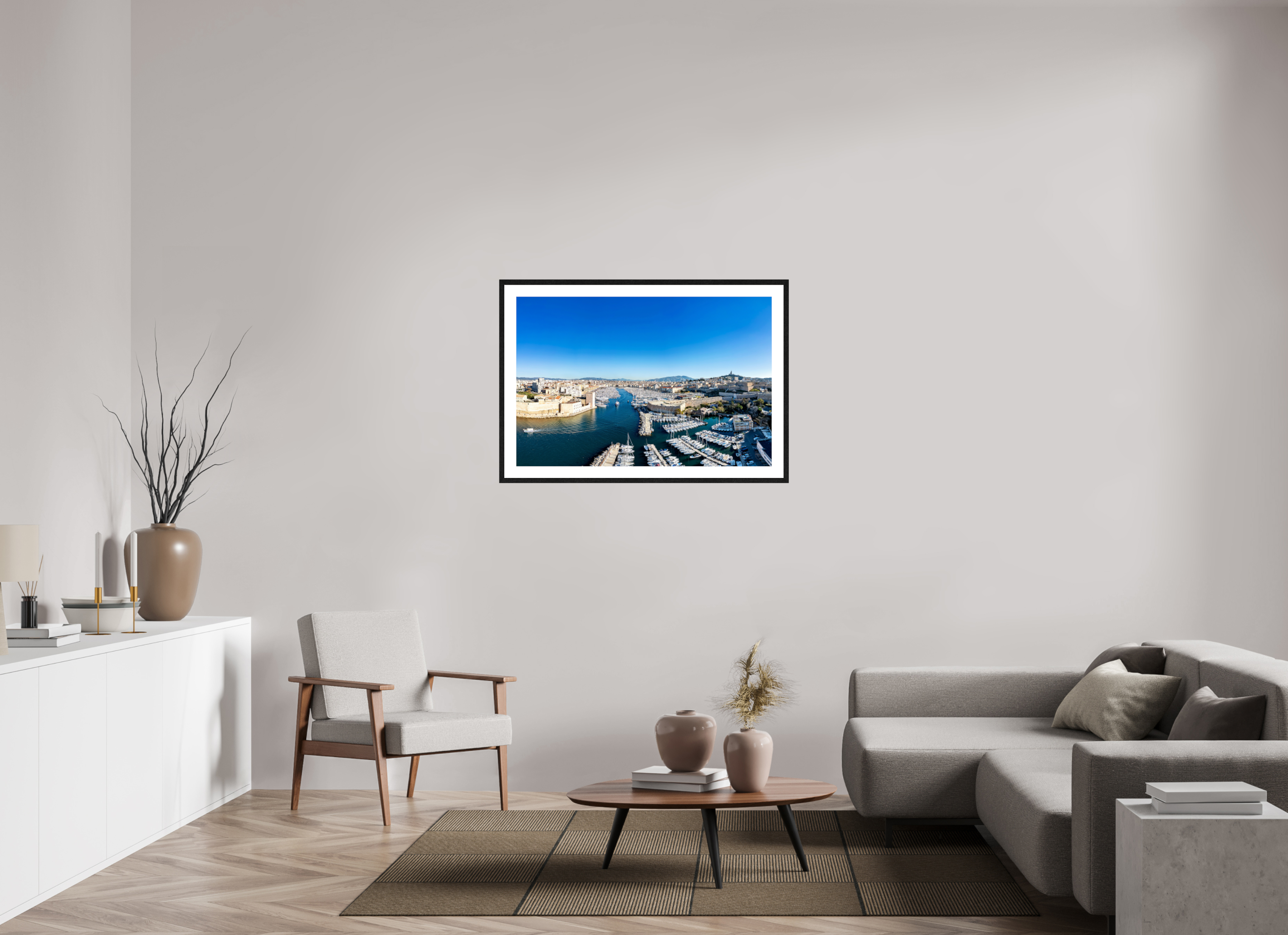 105 x 70 cm, Tirage couleur brillant + cadre noir avec passe-partout Poster de Marseille - Entre ciel et mer