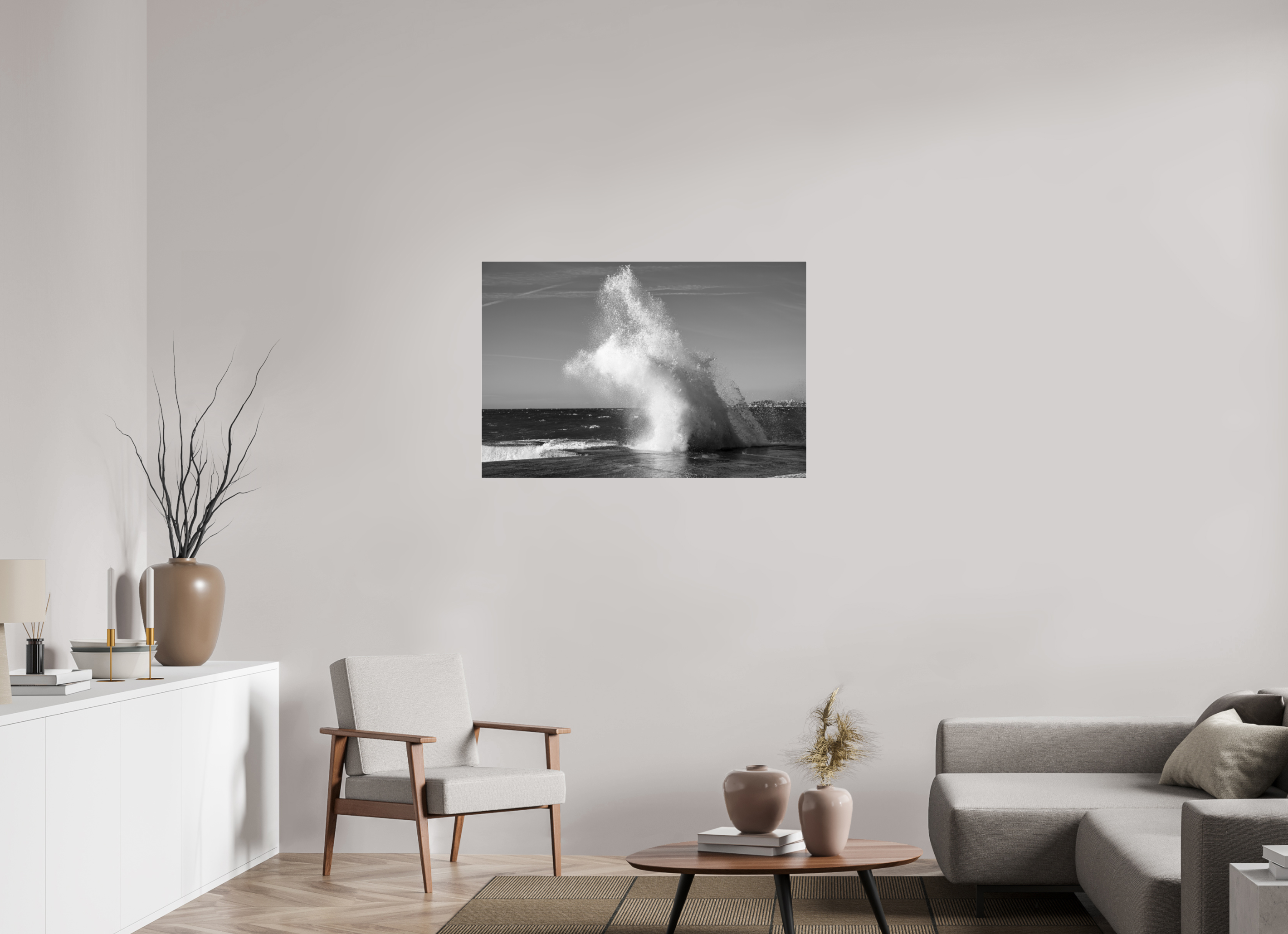 105 x 70 cm, Tirage N&B sous Plexi Poster noir et blanc – Éclat de vague