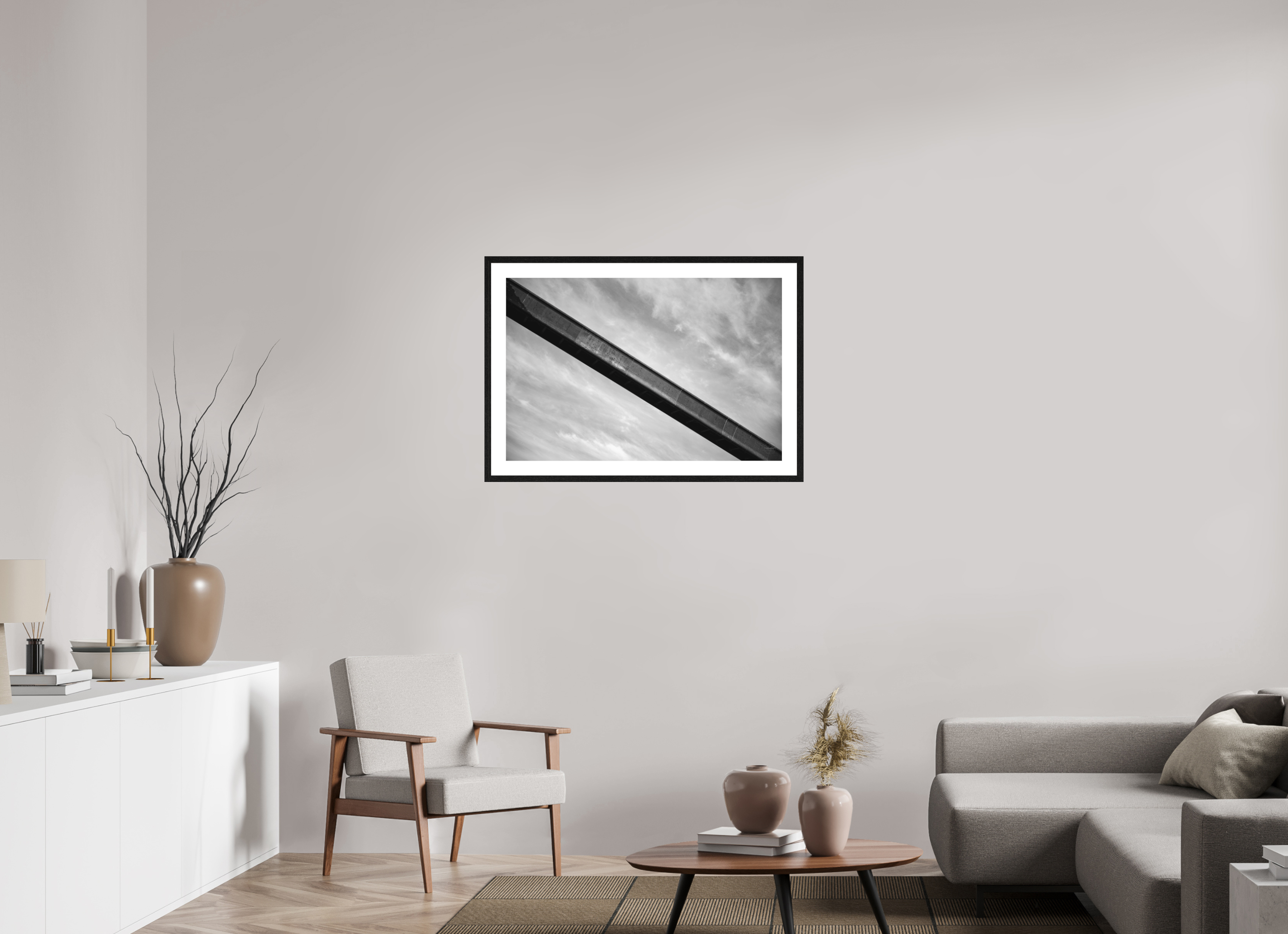 90 x 60 cm, Tirage N&B mat+ cadre noir avec passe-partout Poster - La passerelle