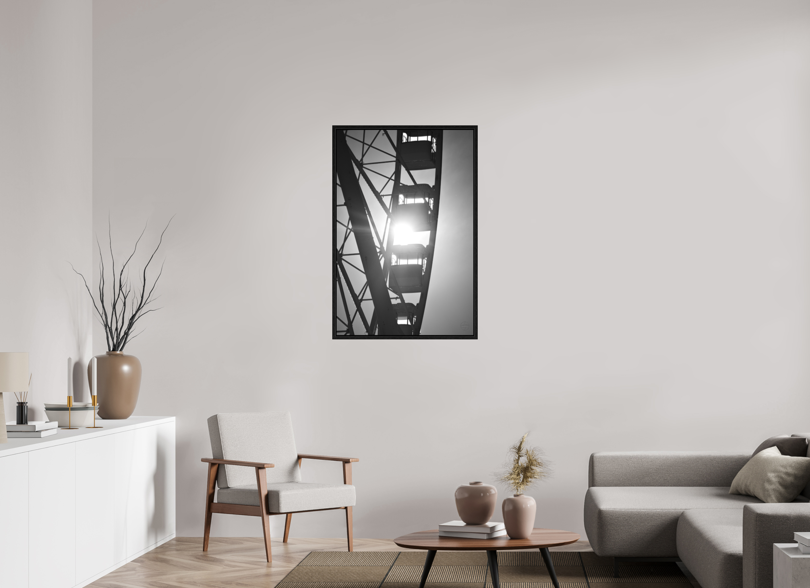 70 x 105 cm, Tirage N&B dans Caisse américaine noire Affiche noir et blanc – Roue suspendue dans la lumière