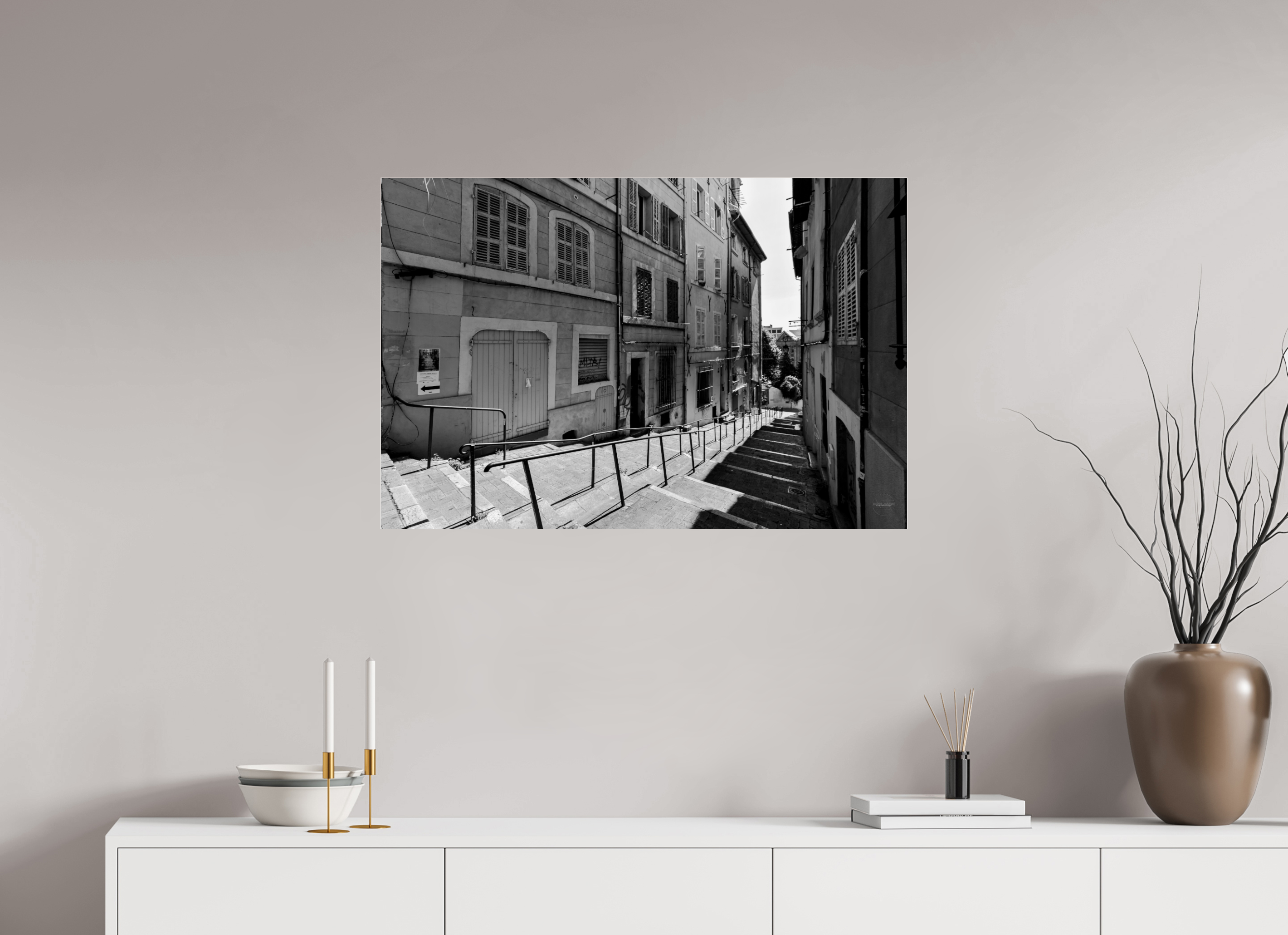 90 x 60 cm, Tirage N&B sous Plexi Poster urbain – Escaliers du silence
