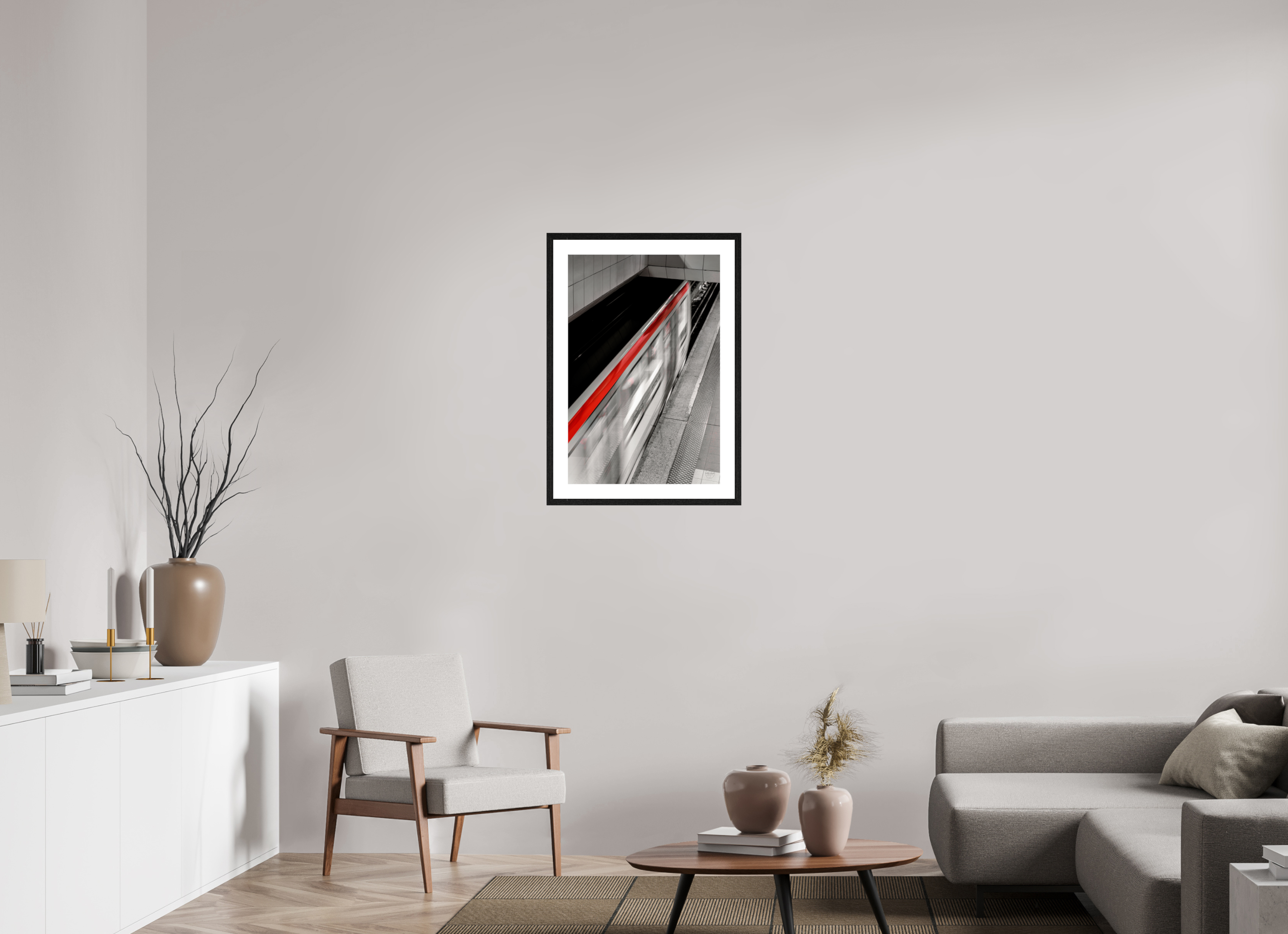 50 x 75 cm, Tirage couleur brillant + Cadre noir avec passe-partout Ligne Rouge — Affiche Métro Contemporaine