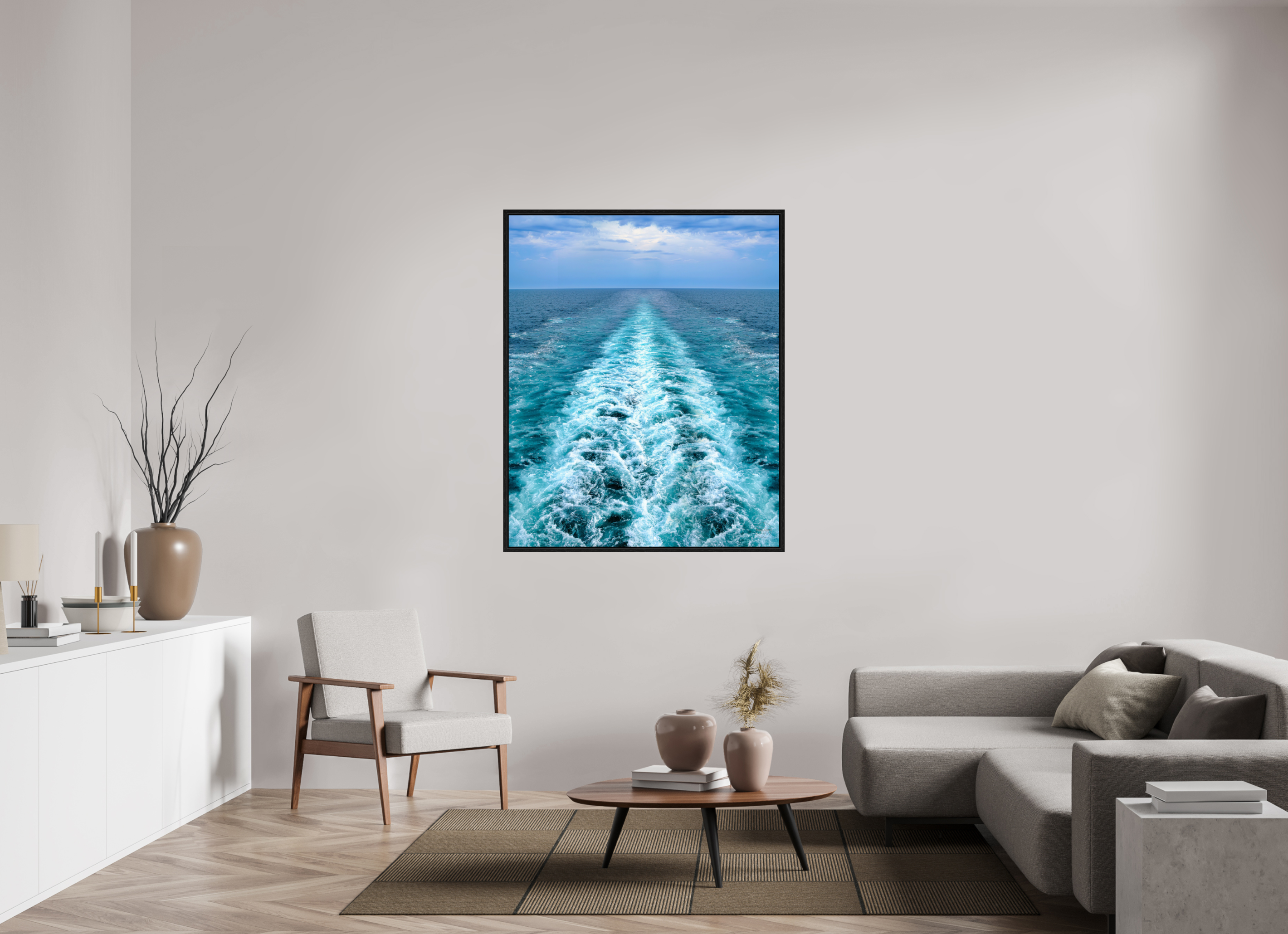 110 x 134,8 cm, Tirage couleur dans Caisse américaine noire Ligne d'Écume | Poster Océan Contemporain & Horizon Infini