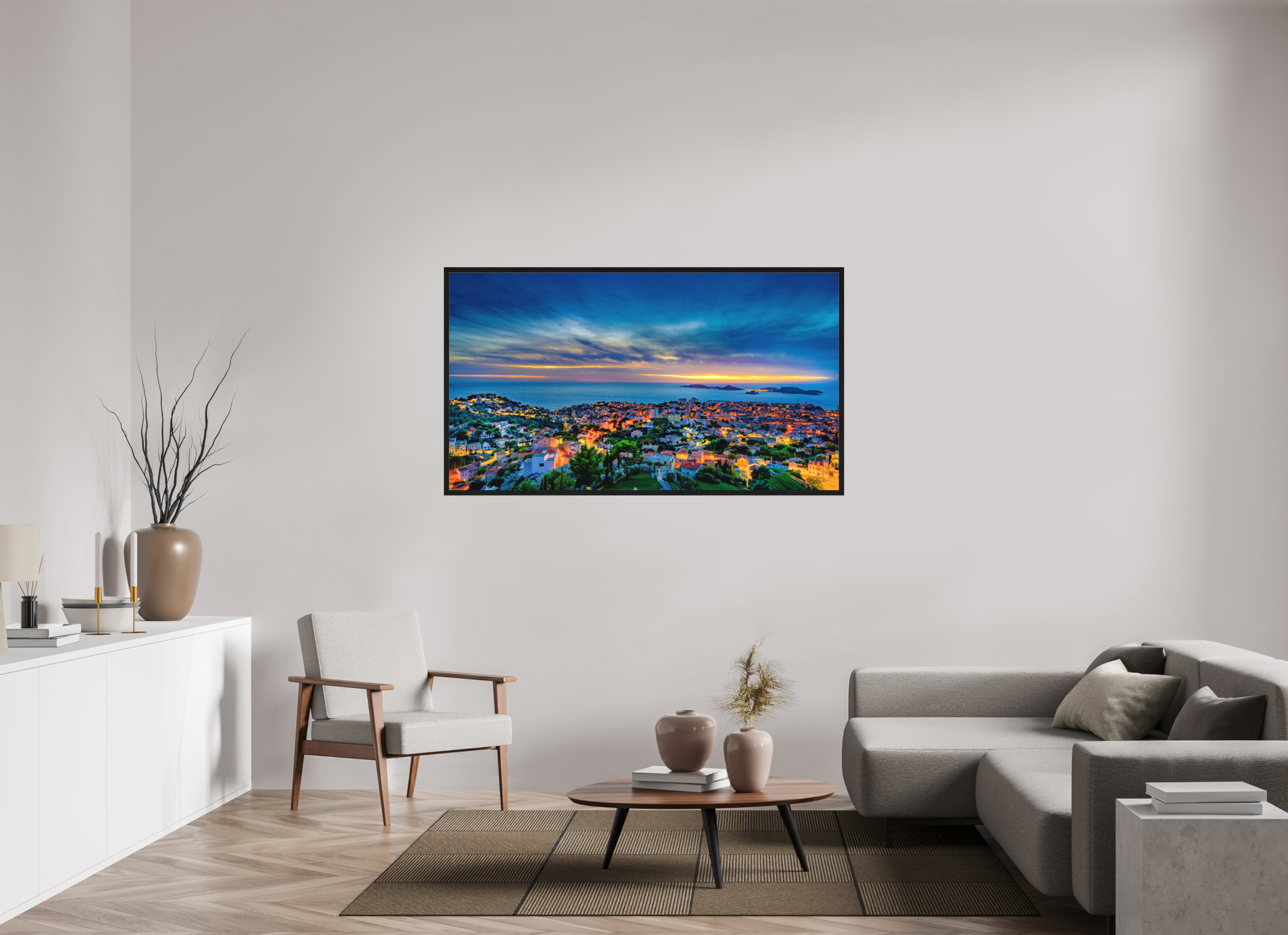 160 x 90 cm, Tirage grand format encadré Marseille au Crépuscule