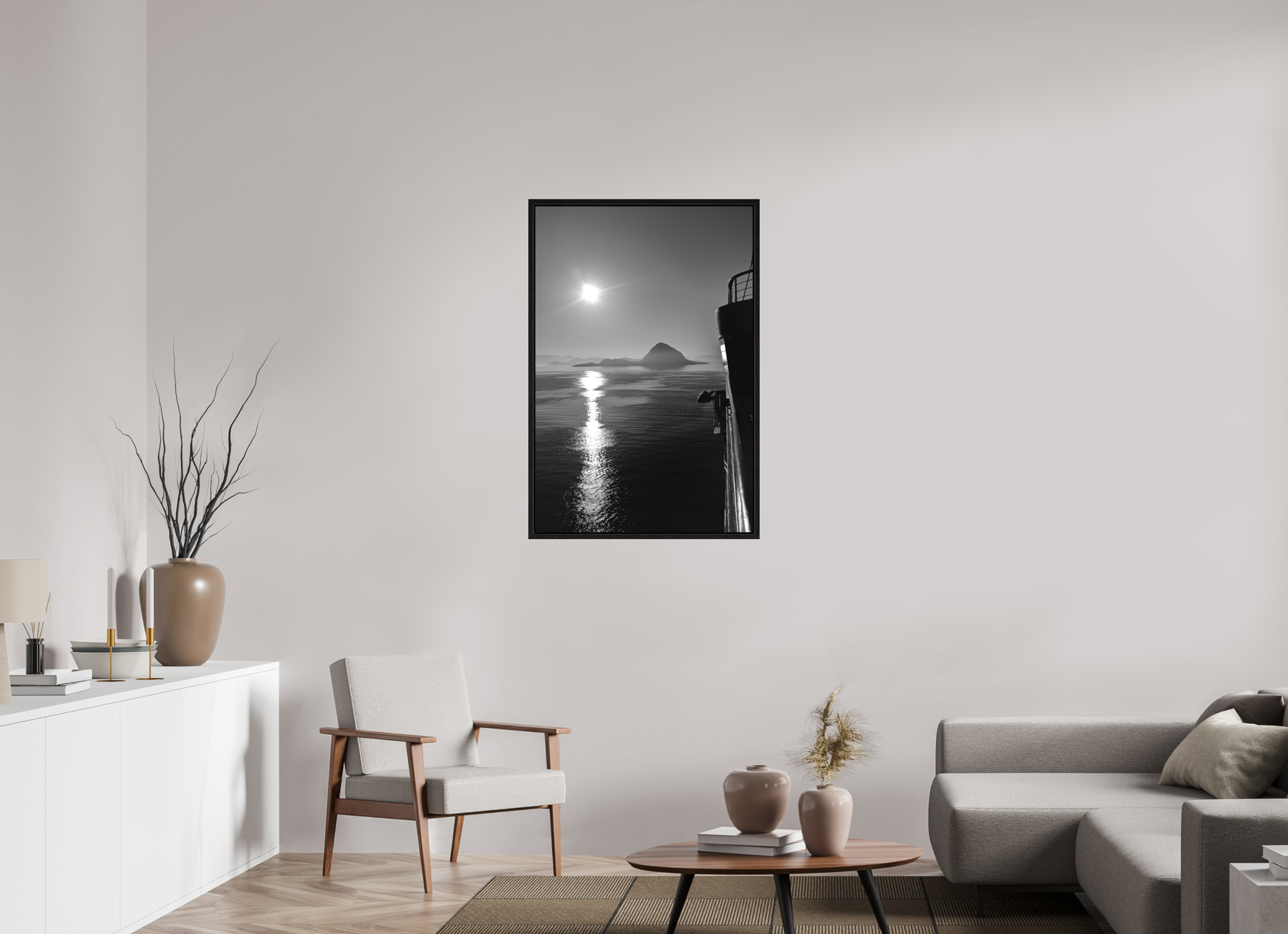 70 x 105 cm, Tirage N&B dans Caisse américaine noire Soleil Noir | Poster Noir et Blanc Océan & Horizon Minimaliste