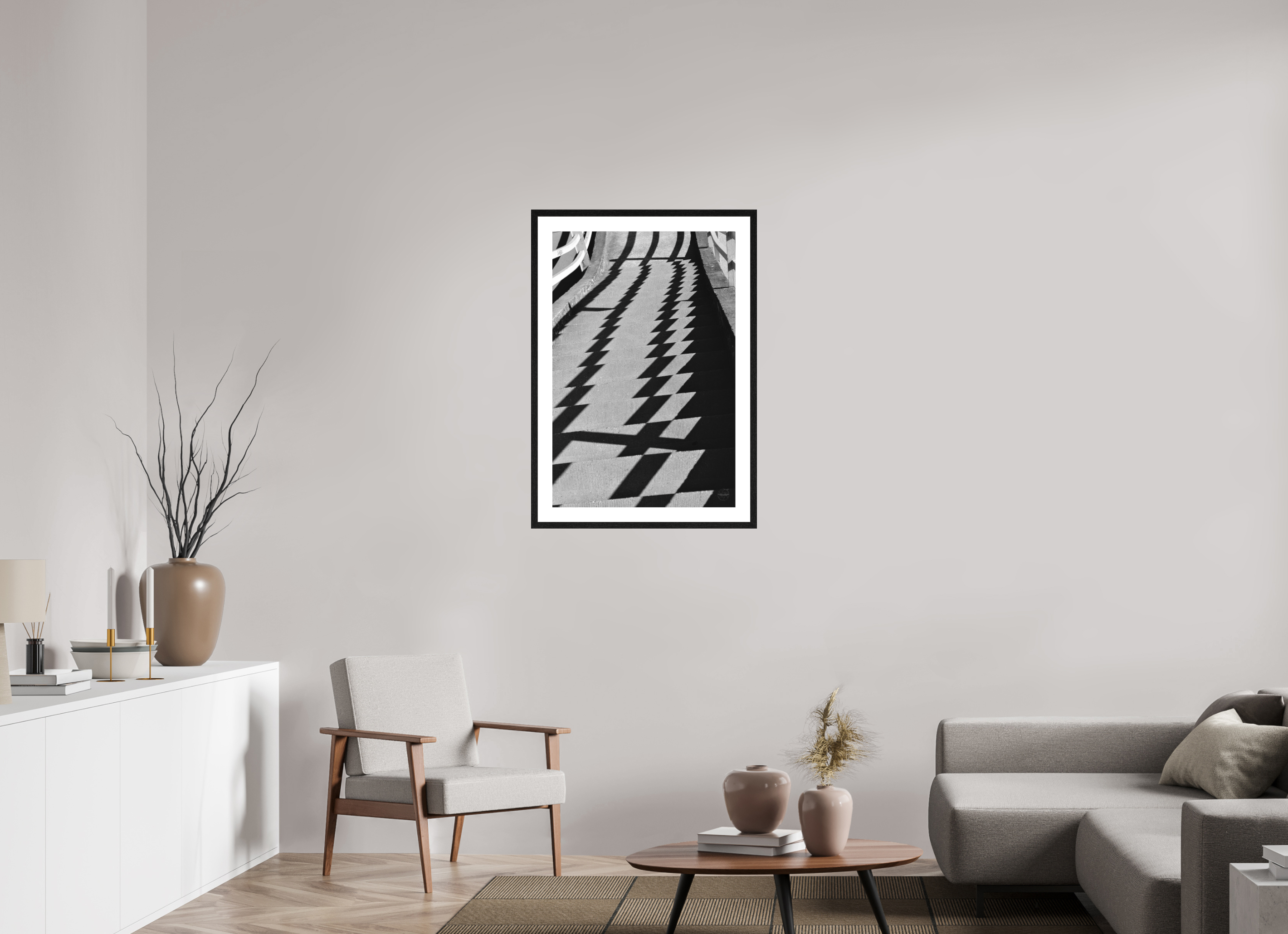 60 x 90 cm, Tirage N&B mat + Cadre noir avec passe-partout Fréquence Descendante | Poster Noir et Blanc Abstrait & Architecture Minimaliste