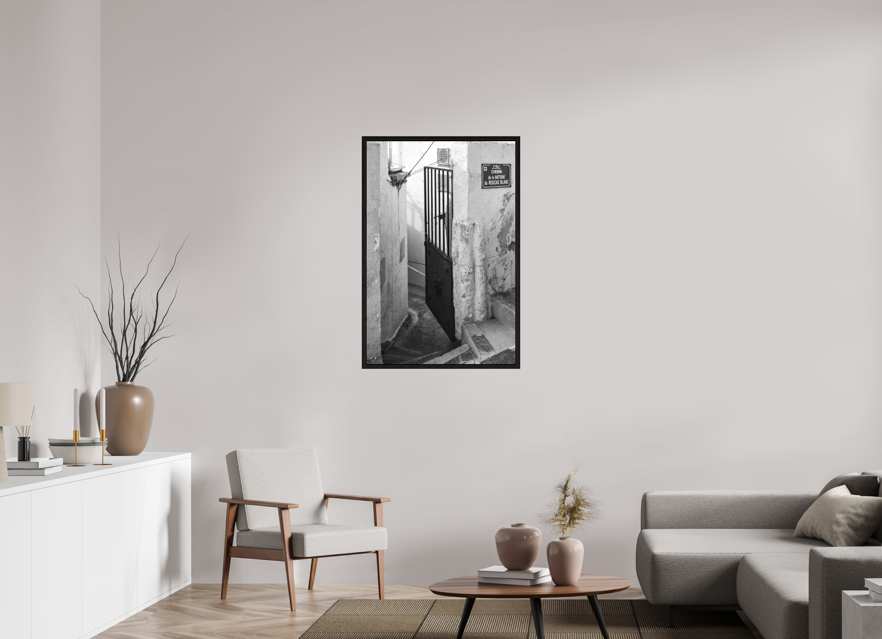70 x 105 cm, Tirage N&B dans Caisse américaine noire Perspective urbaine - Passage Secret