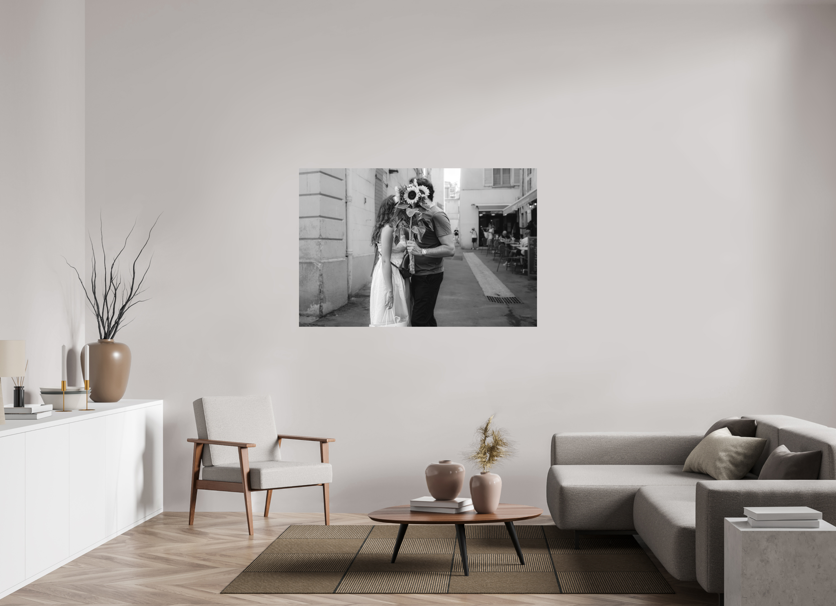 150 x 100 cm, Tirage N&B mat seul Les amoureux discrets