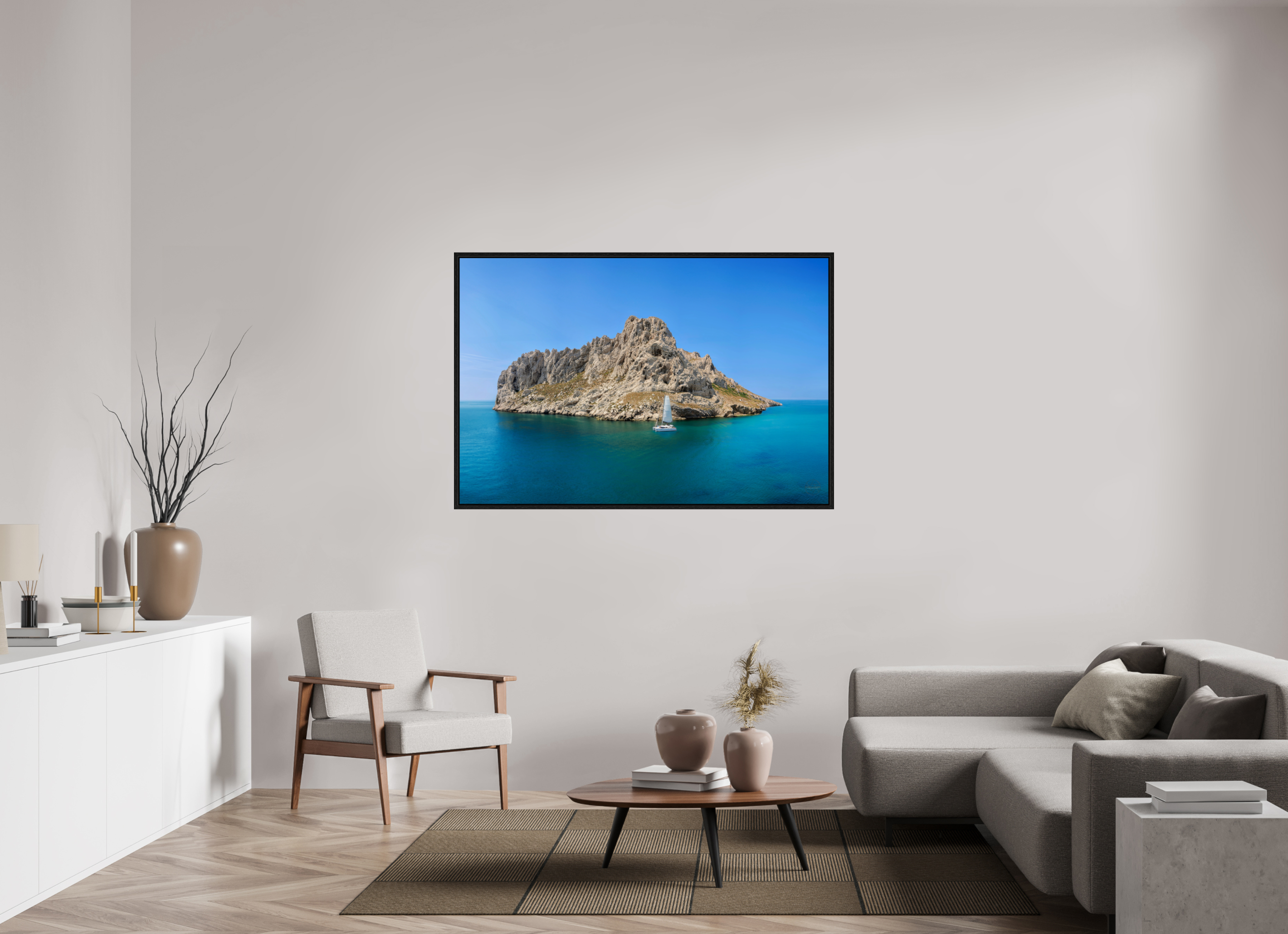 150 x 100 cm, Tirage couleur dans Caisse américaine noire Poster - Voilier au pied de l'îles Maïre à Marseille