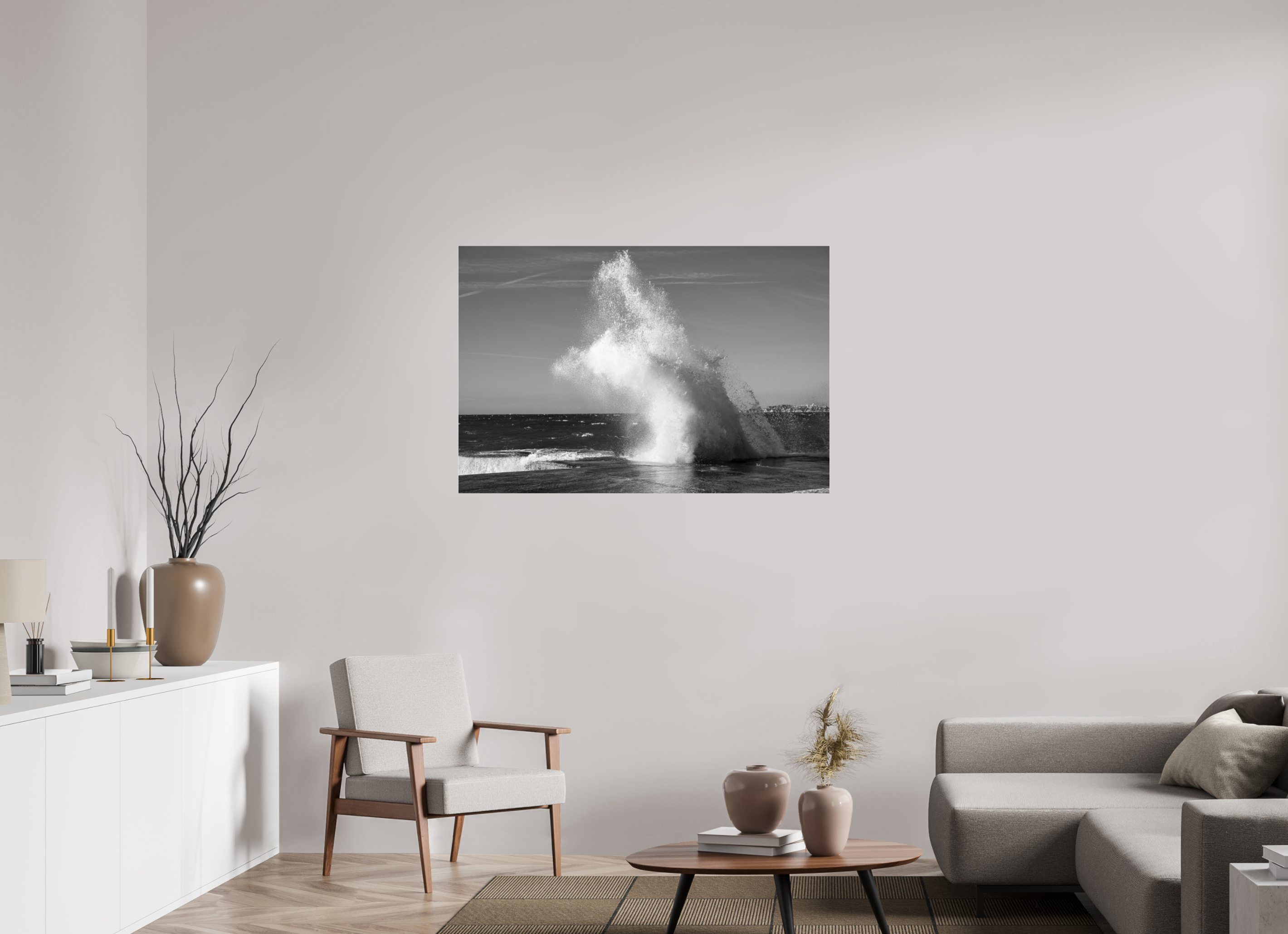 120 x 80 cm, Tirage N&B sous Plexi Poster noir et blanc – Éclat de vague
