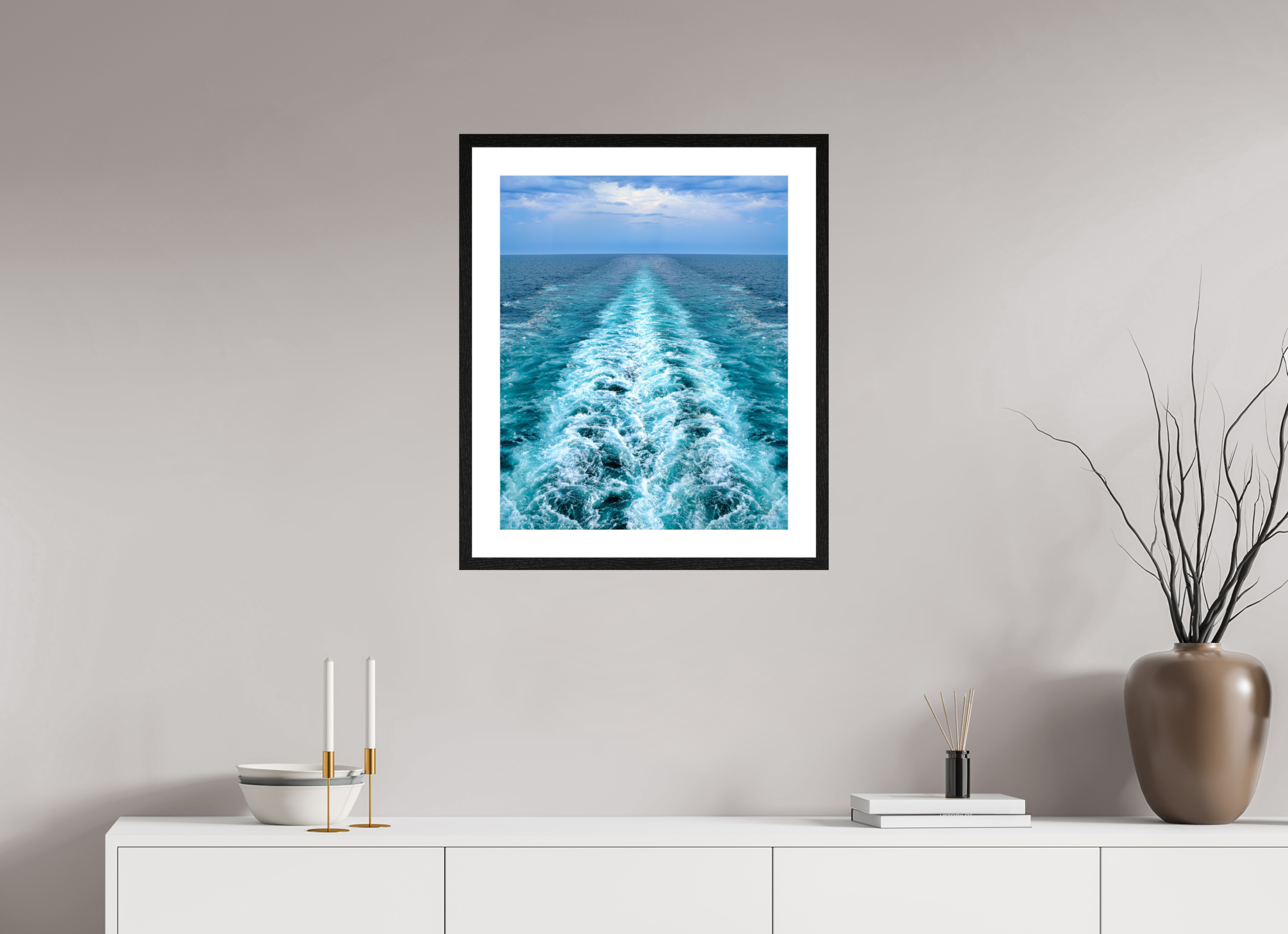 50 x 61,3 cm, Tirage couleur brillant + Cadre noir avec passe-partout Ligne d'Écume | Poster Océan Contemporain & Horizon Infini