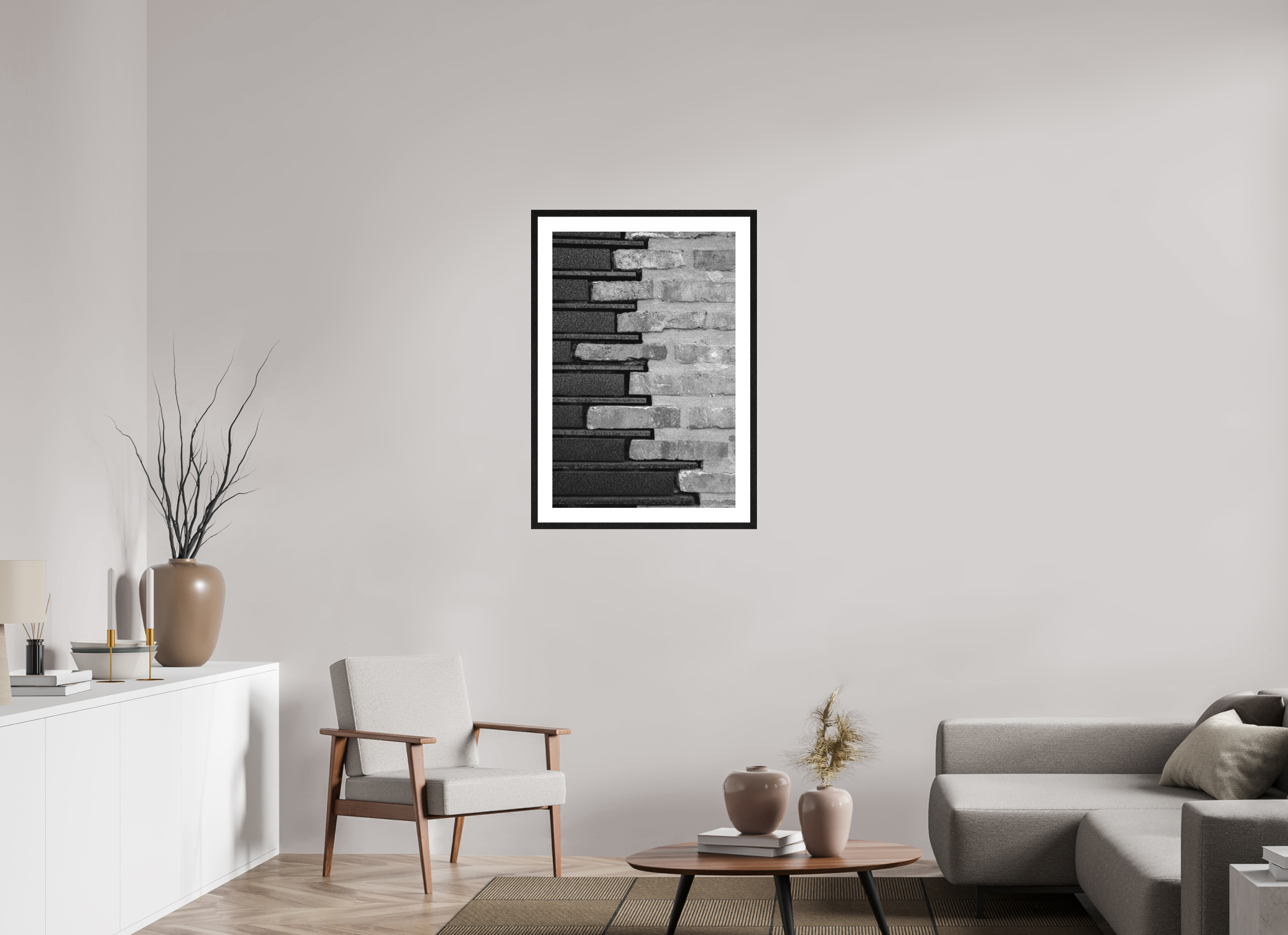 60 x 90 cm, Tirage N&B mat+ cadre noir avec passe-partout Le mariage de la pierre et de l’acier