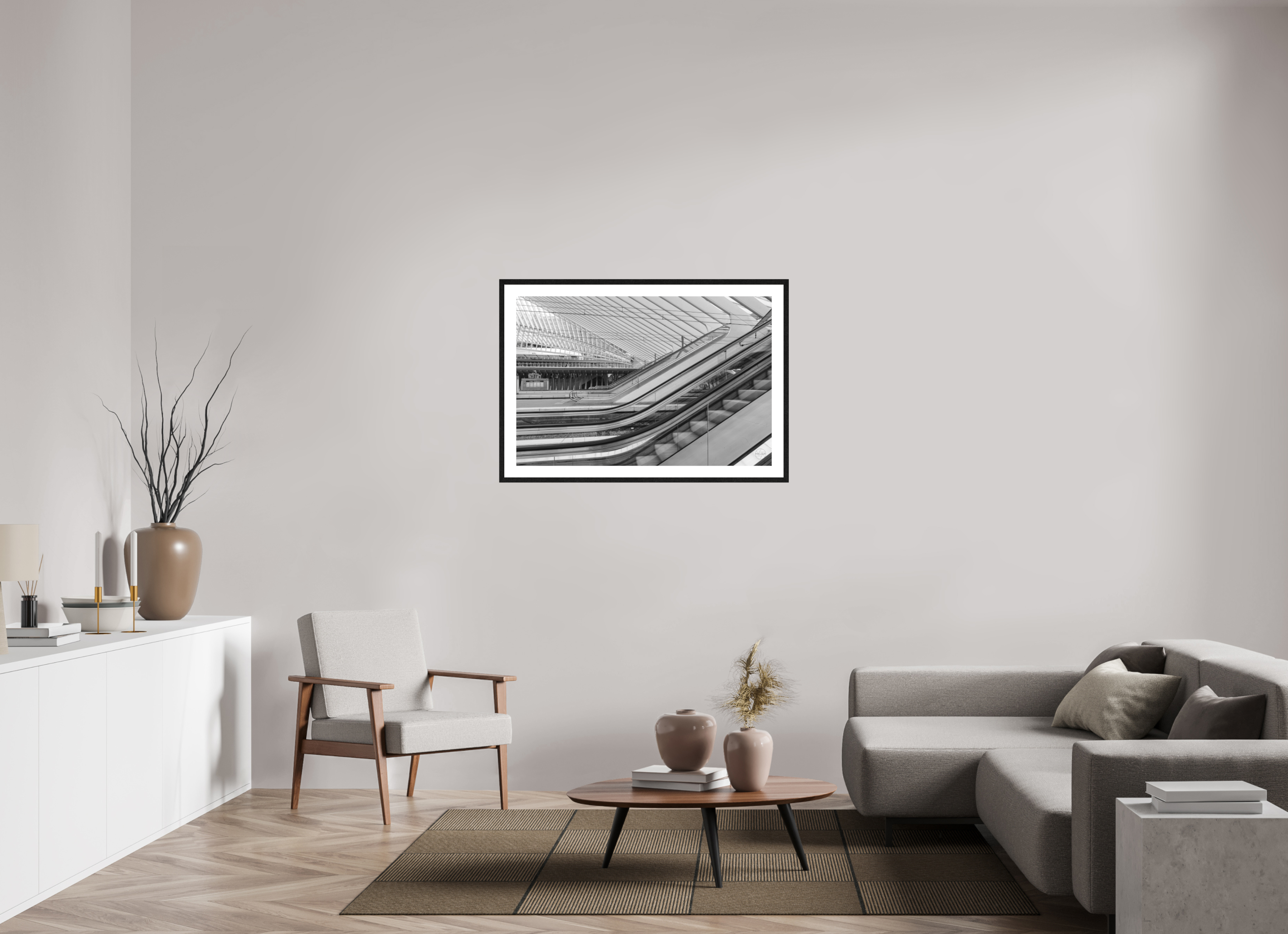 105 x 70 cm, Tirage N&B mat + Cadre noir avec passe-partout Photo architecture – Lignes en mouvement