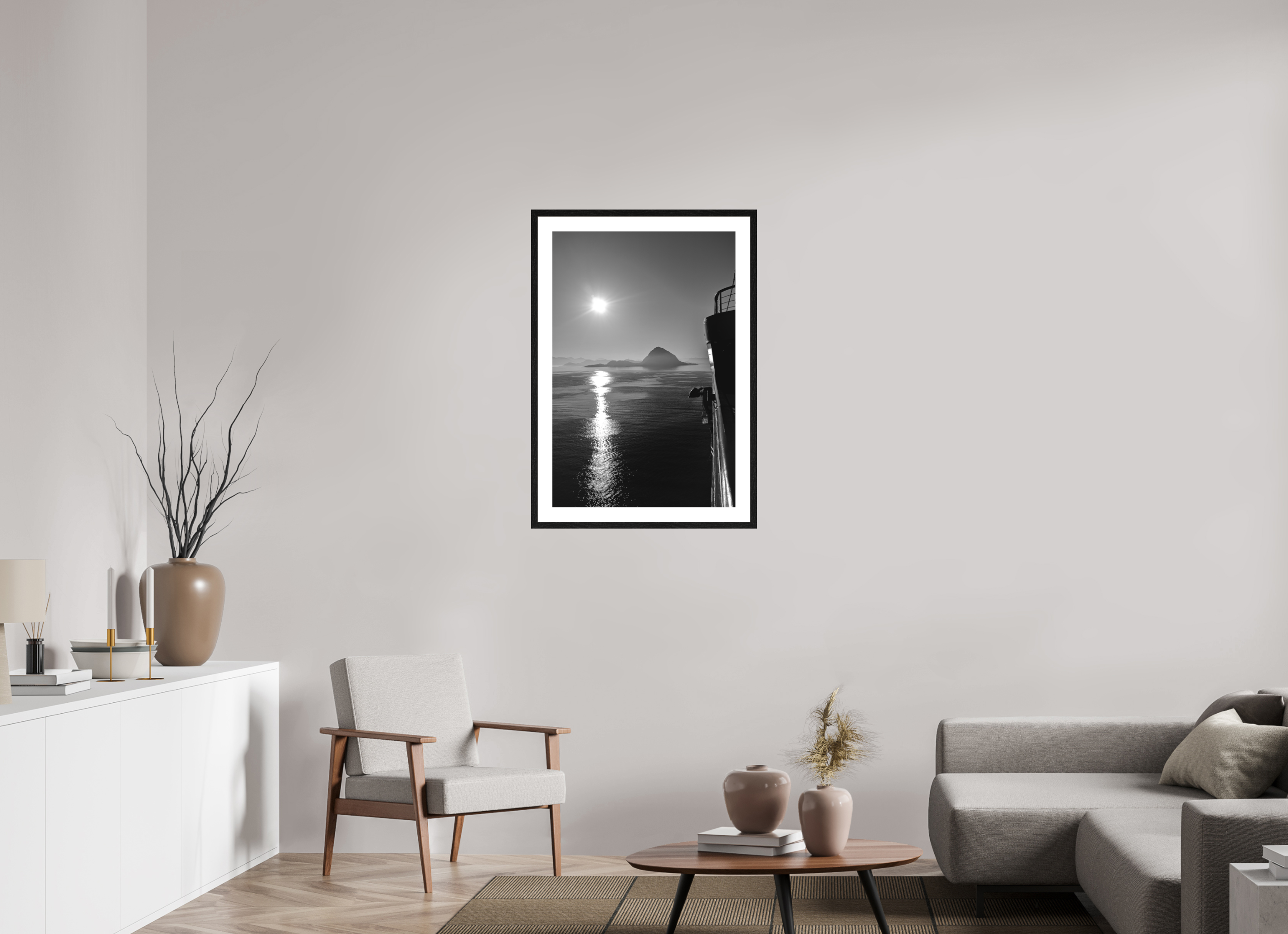 60 x 90 cm, Tirage N&B mat + Cadre noir avec passe-partout Soleil Noir | Poster Noir et Blanc Océan & Horizon Minimaliste