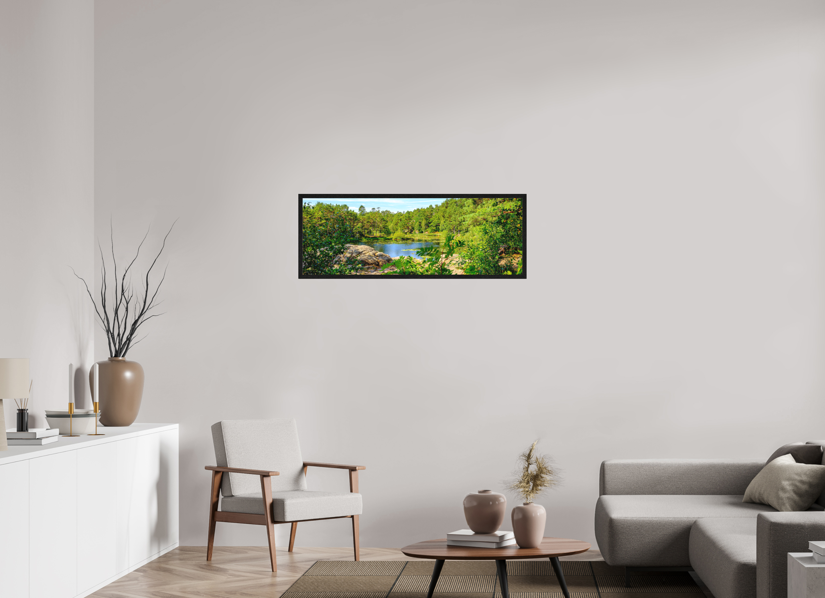 112 x 40 cm, Tirage grand format encadré Refuge Émeraude | Poster Panoramique Nature & Forêt