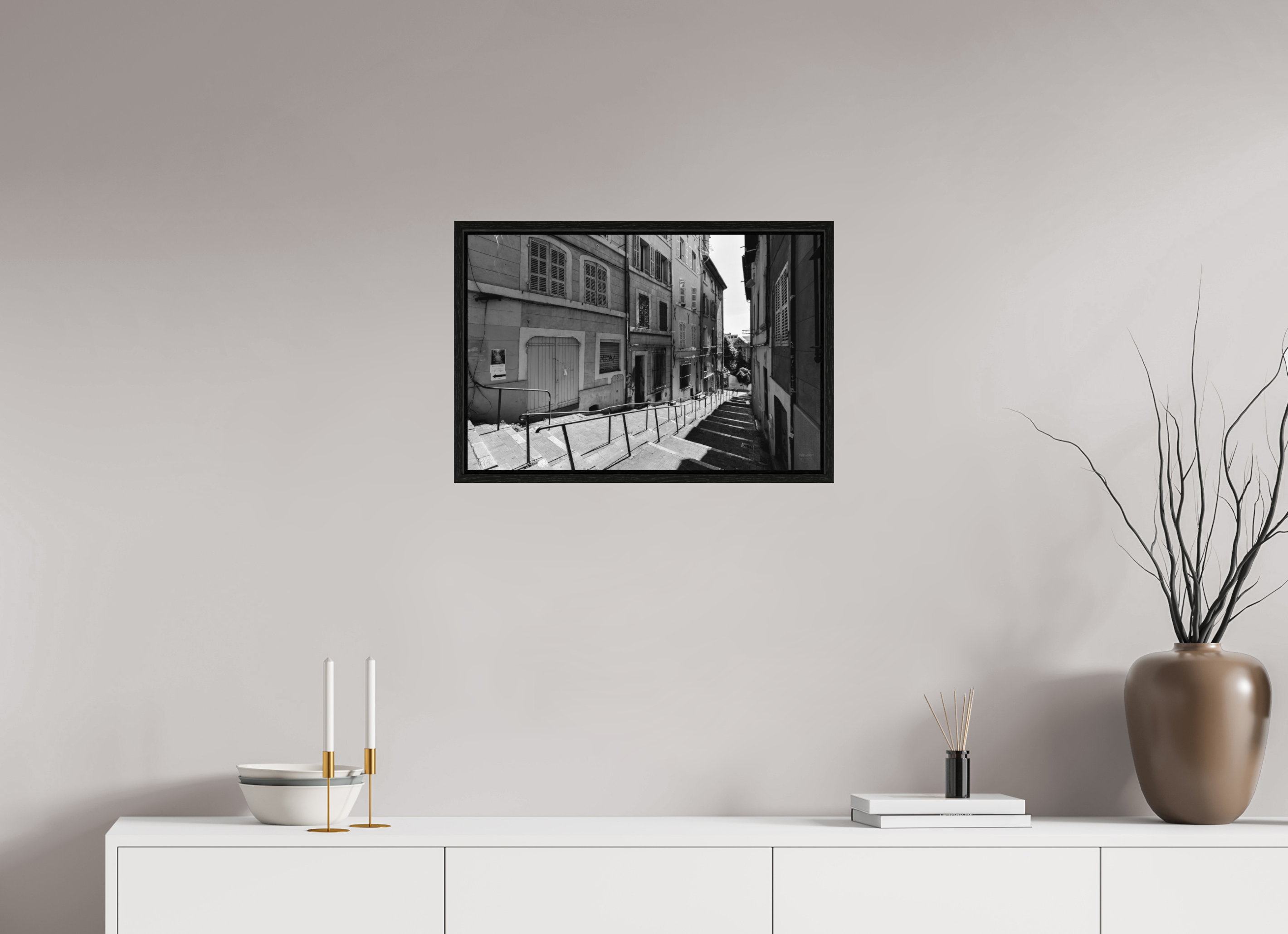 60 x 40 cm, Tirage N&B dans Caisse américaine noire Poster urbain – Escaliers du silence