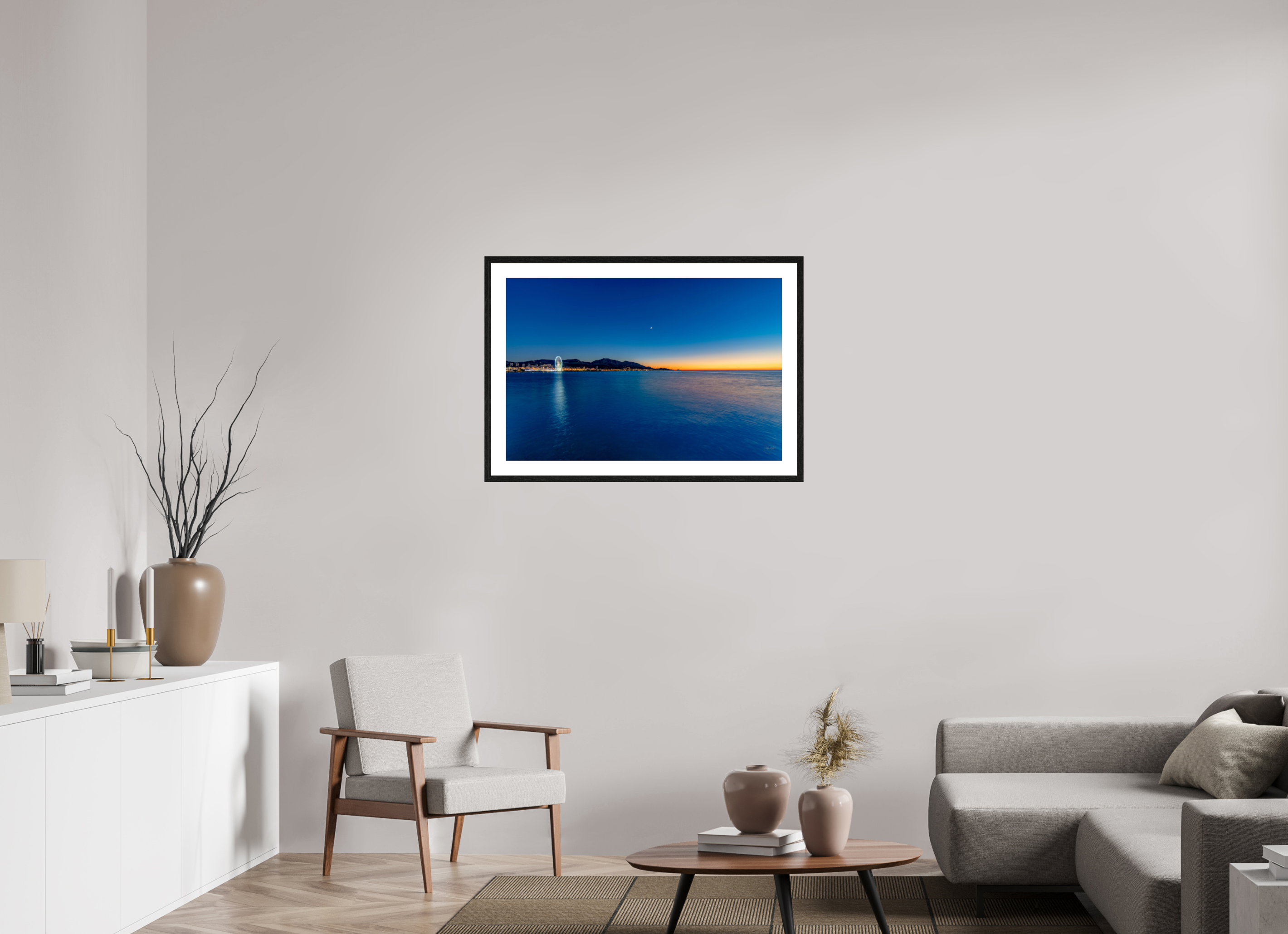 90 x 60 cm, Tirage couleur brillant + cadre noir avec passe-partout Le calme après la lumière