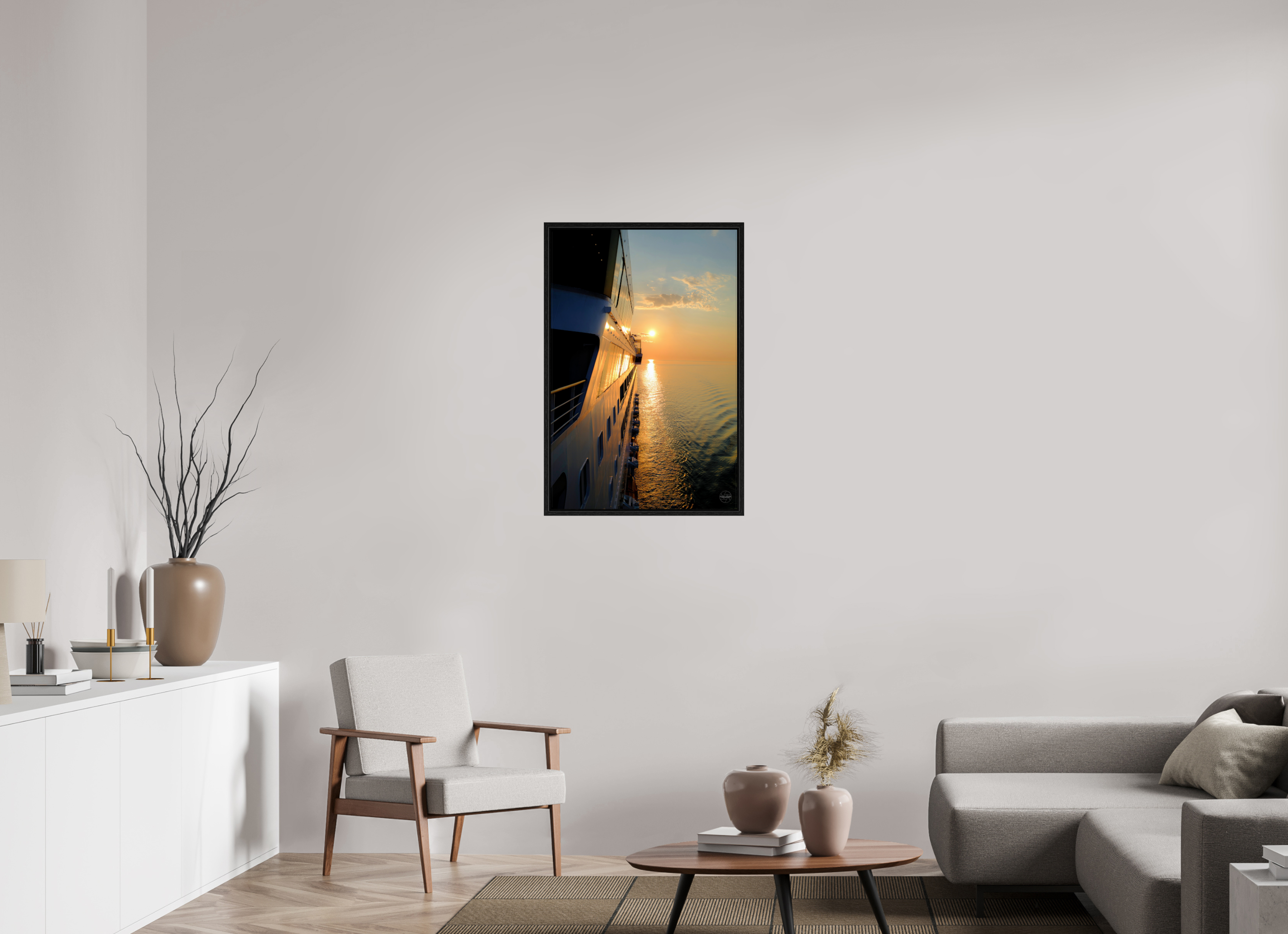 60 x 90 cm, Tirage couleur dans Caisse américaine noire Poster coucher de soleil en mer – Reflets dorés sur la coque d’un navire